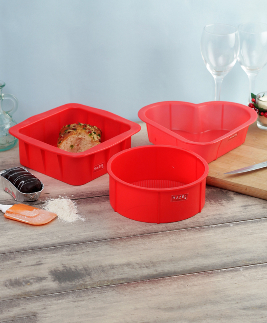 HAZEL Small Silicon Square Round & Heart Shape Cake Mould for Half Kg Pack of 3 - Red-image-46