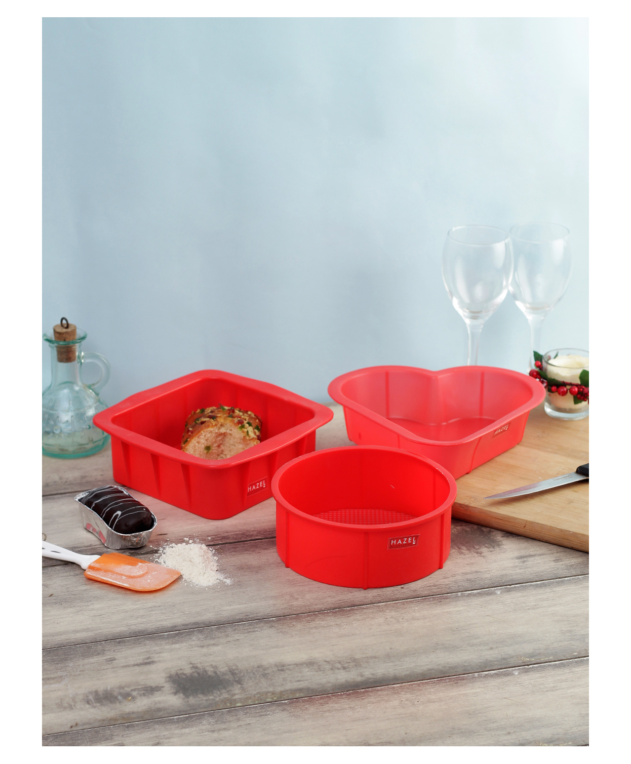 HAZEL Small Silicon 3 Pcs Square, Round & Heart Shape Cake Mould for Half Kg with Silicon Spatula-image-20