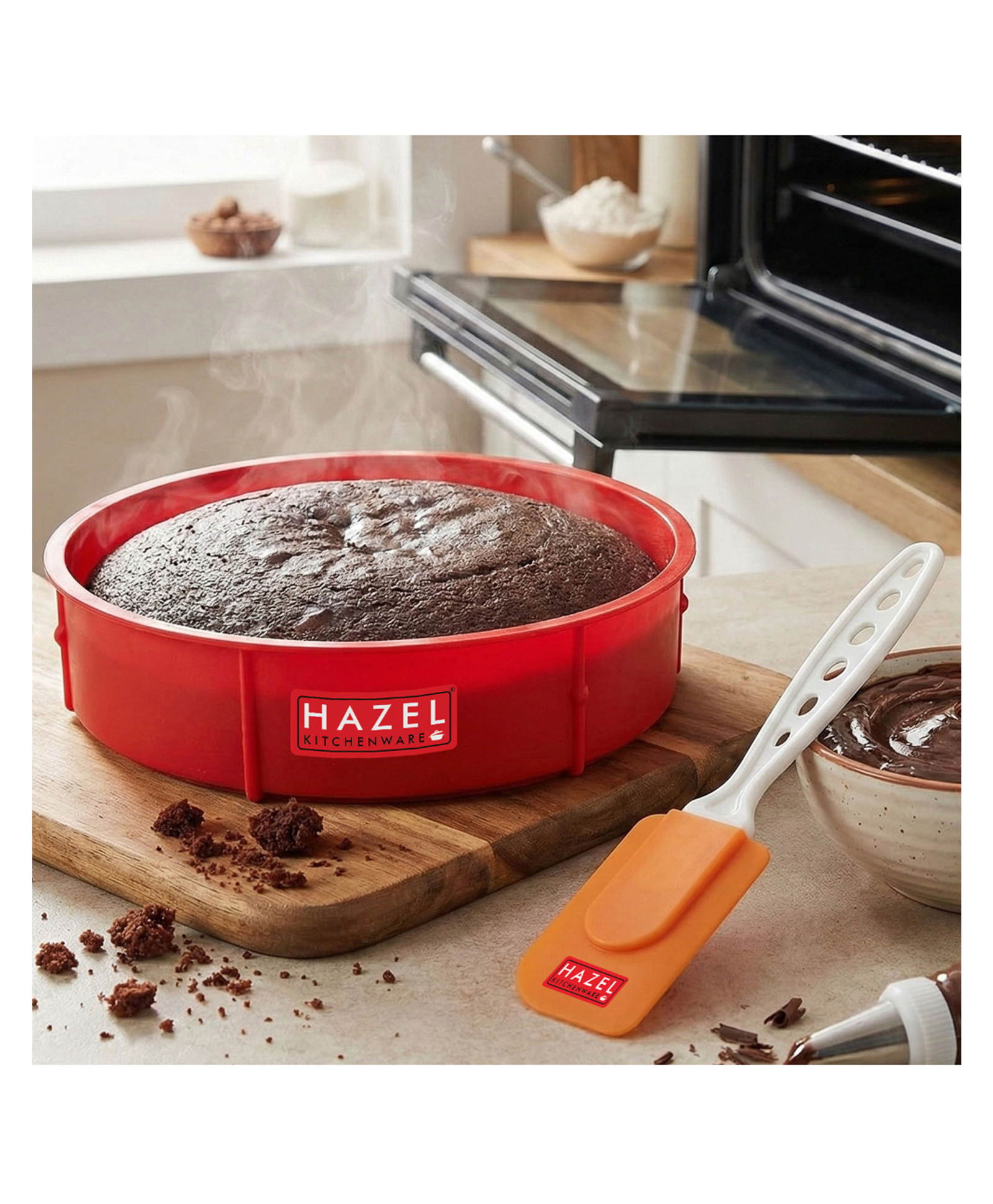 HAZEL Small Silicon Red Round Shape Cake Mould for Half Kg with Orange Spatula-image-46