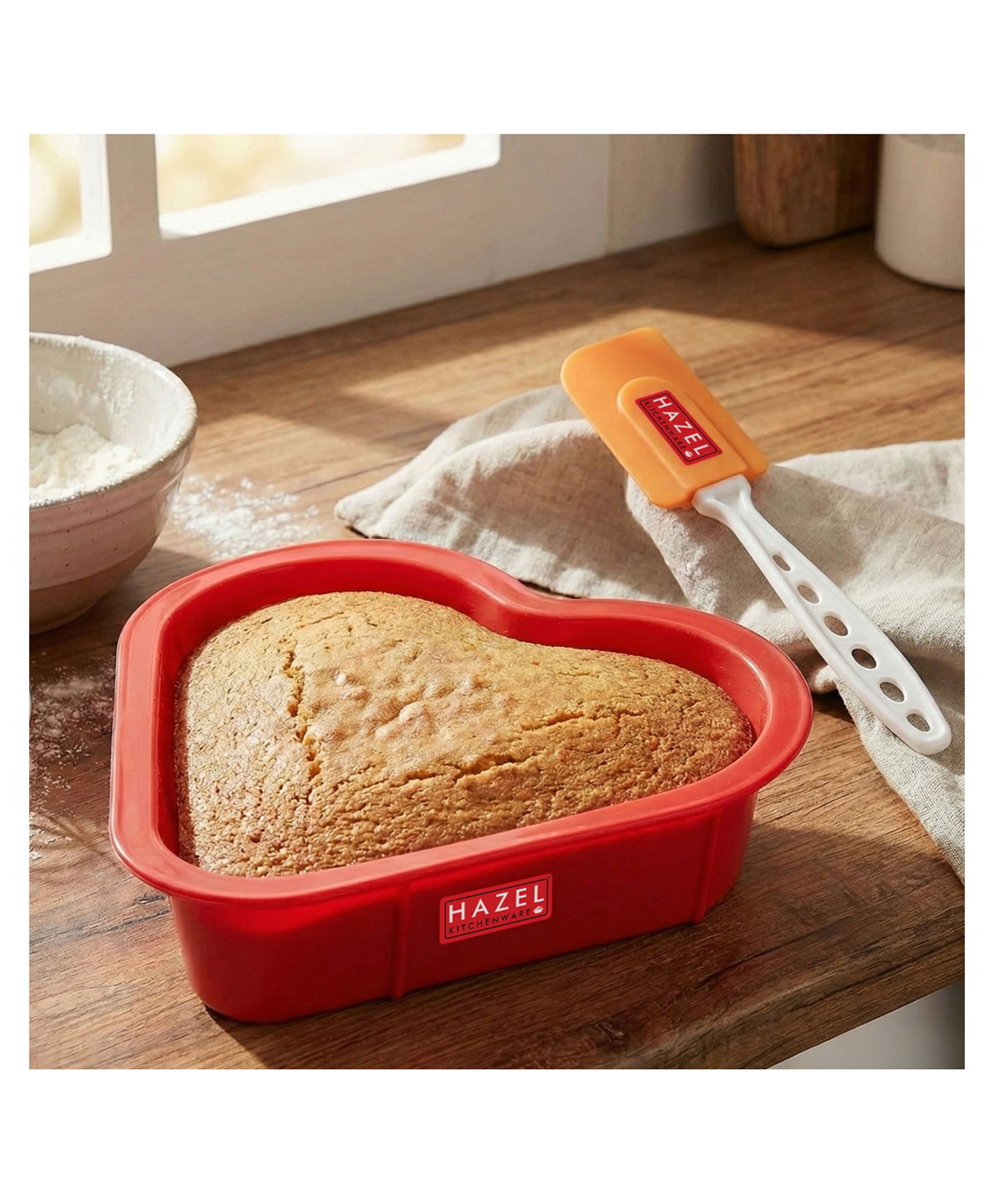 HAZEL Small Silicon Red Heart Shape Cake Mould for Half Kg with Orange Spatula-image-43