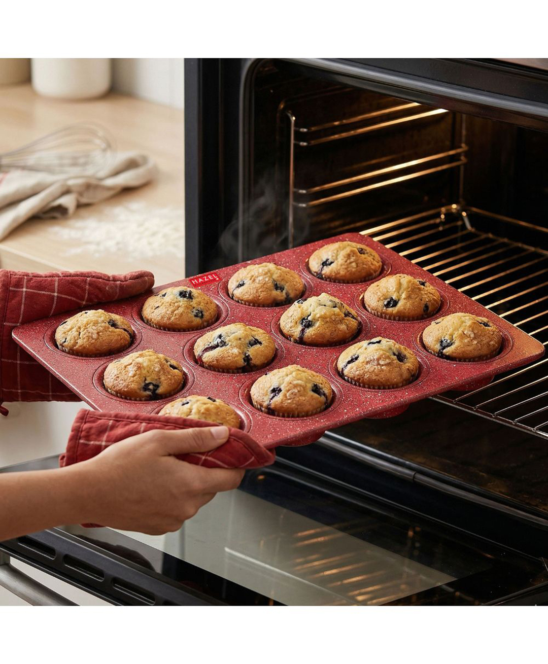 Hazel Aluminium Cupcake Muffin Mould Microwave Safe 12 Cups Non Stick Granite Finish Mini Crown Muffin Pan Chocolate Baking Tray for House & Bakery - Red-image-21