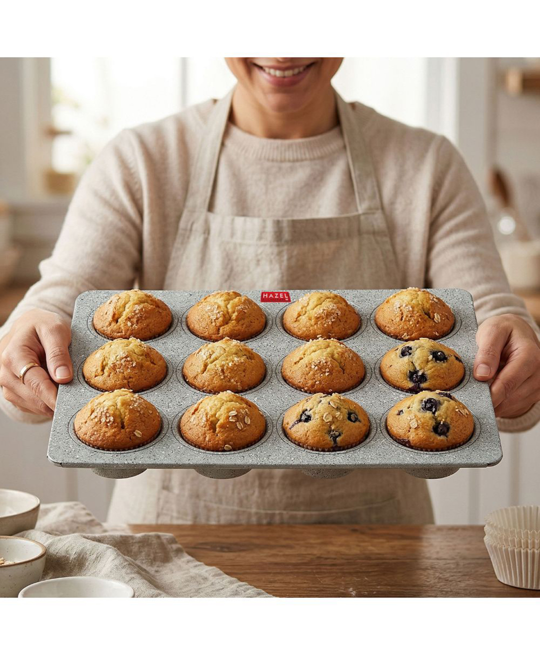 Hazel Aluminium Cupcake Muffin Mould Microwave Safe 12 Cups Non Stick Granite Finish Mini Crown Muffin Pan Chocolate Baking Tray for House & Bakery - Grey-image-22