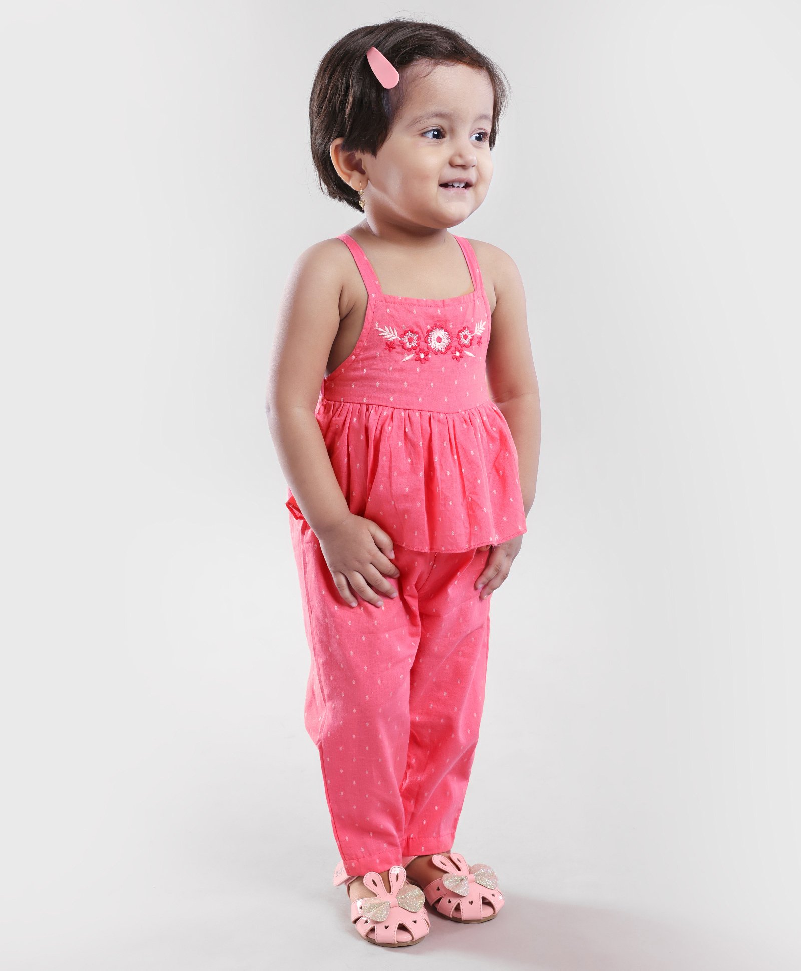 Babyoye Singlet Sleeves Cotton Floral Embroidered Jumpsuit Dot Print - Pink-image-43