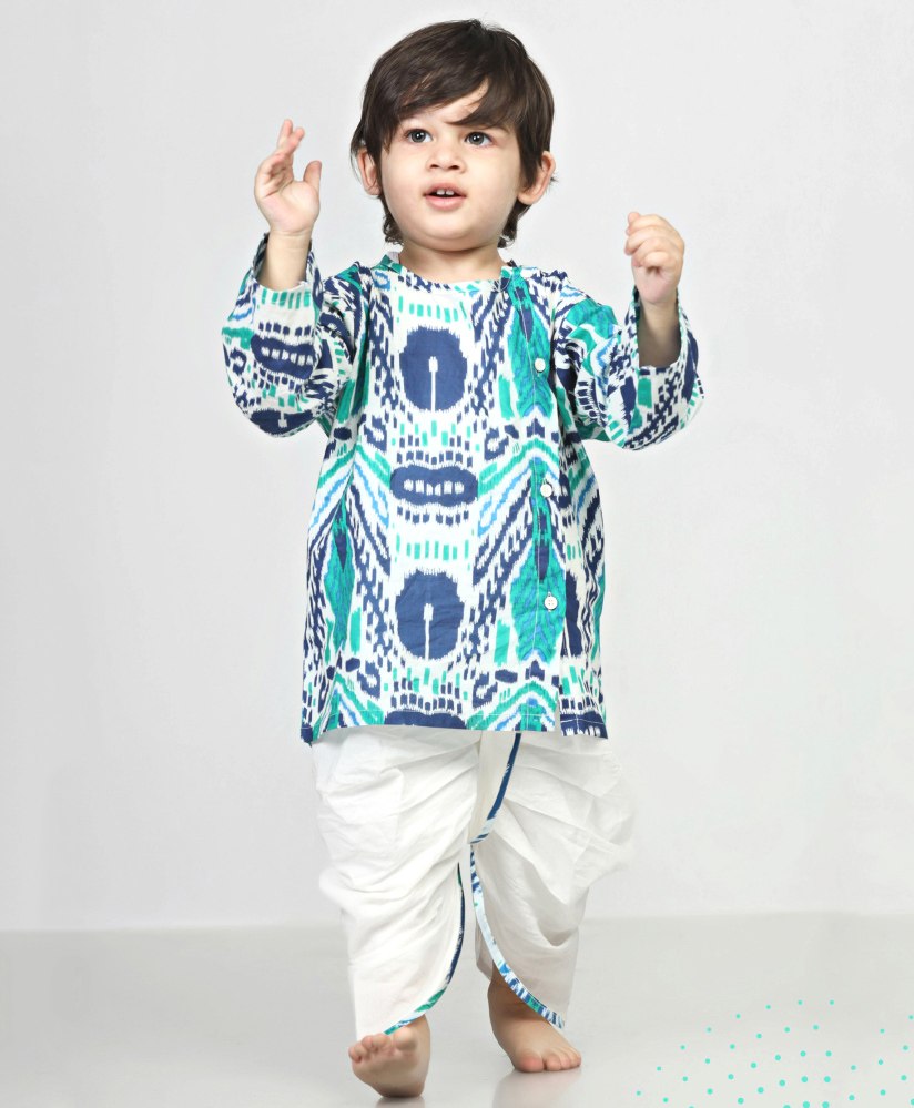 Polka Tots Full Sleeves Angrakha Kurta With Pyjama  Set  Peacock Print  - White-image-10