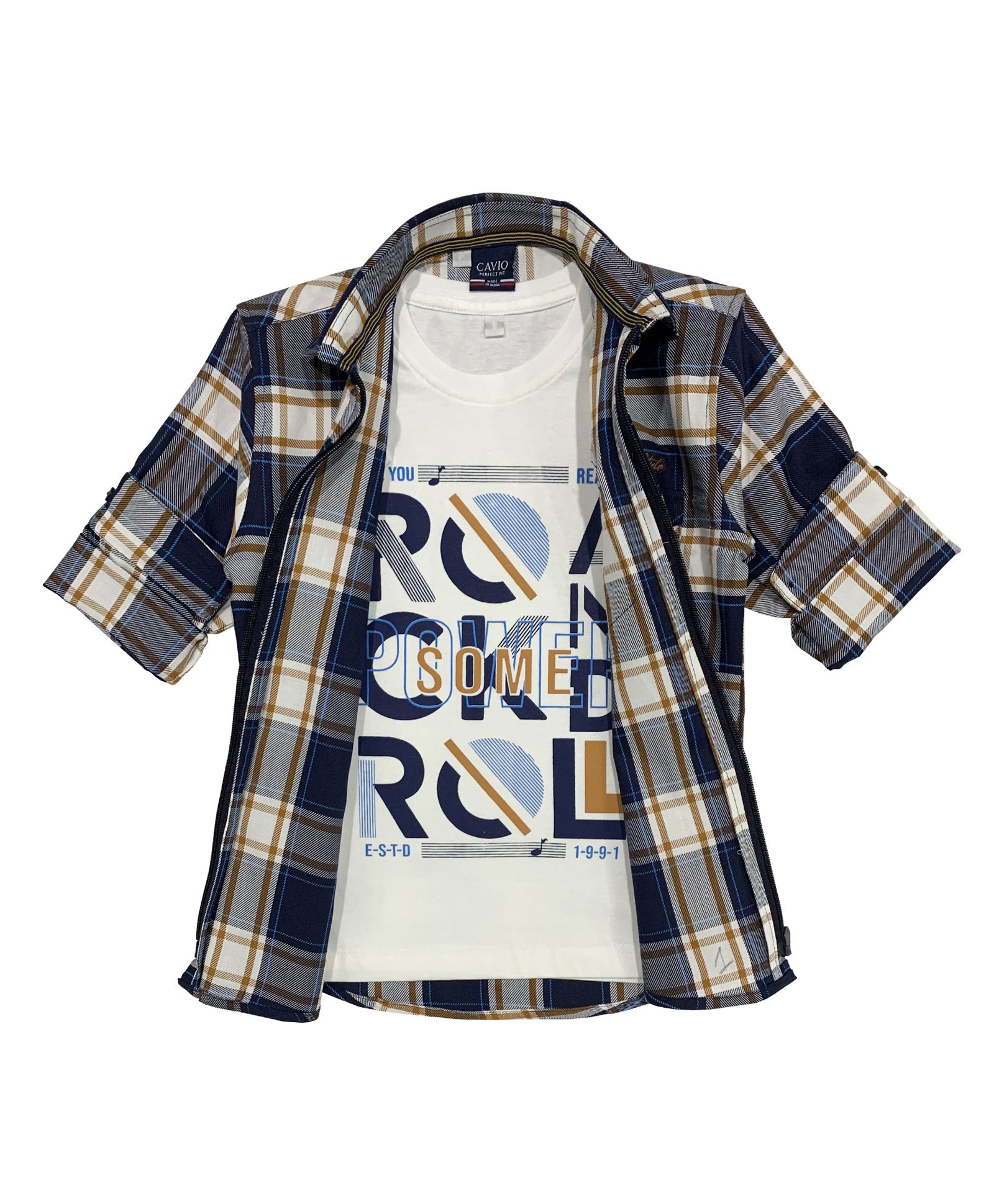 CAVIO Full Sleeves Checkered Shirt With Tee - White & Blue-image-4
