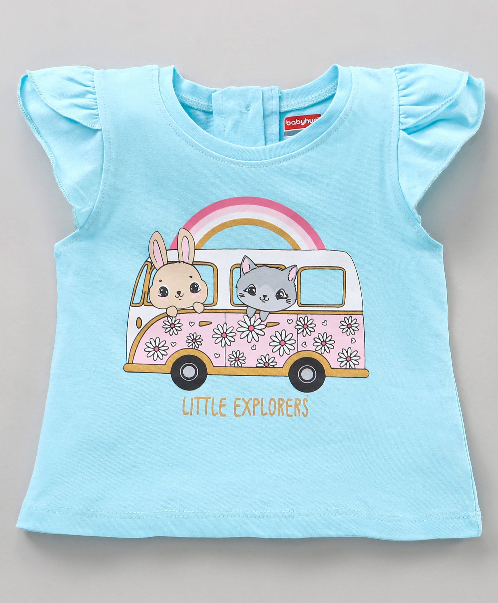 Babyhug Cap Sleeves Top Cat & Bunny Print - Blue-image-22