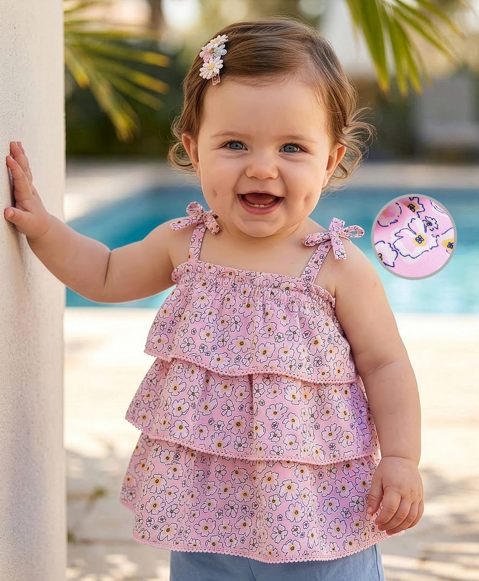 Babyoye Cotton Sleeveless Top With Layered Ruffles Floral Print- Pink-picture-10