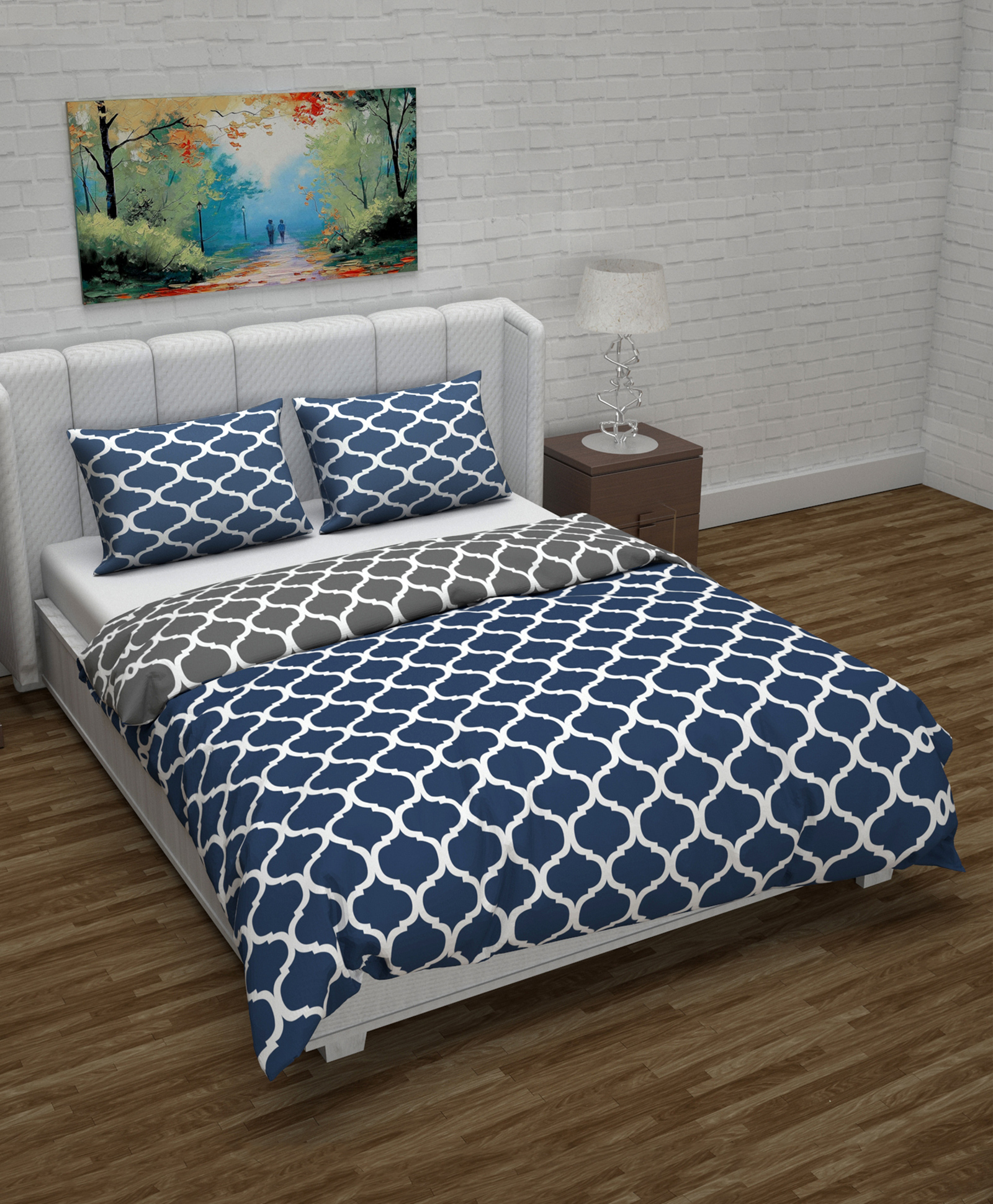 Divine Casa Micro Polyester Reversible Double Bed Queen Size Abstract Printed Duvet Cover, Dark Blue & Grey-picture-28