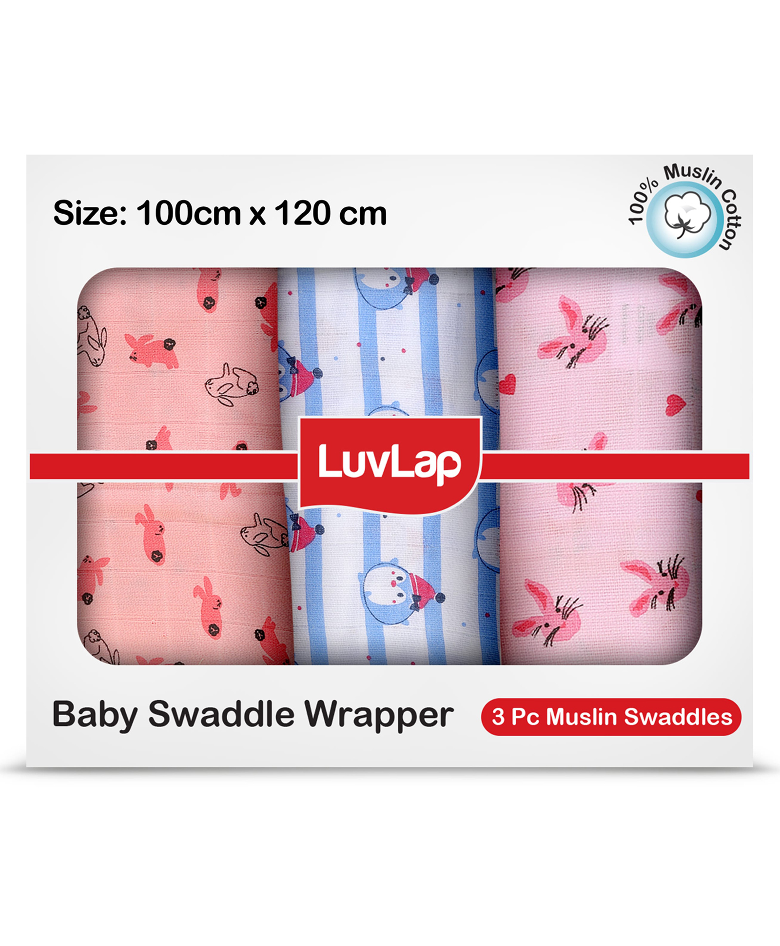 Luv Lap Baby Swaddles Set 100% Cotton Muslin Penguin Rabbit Print Pack Of 3 - Multicolor-image-18