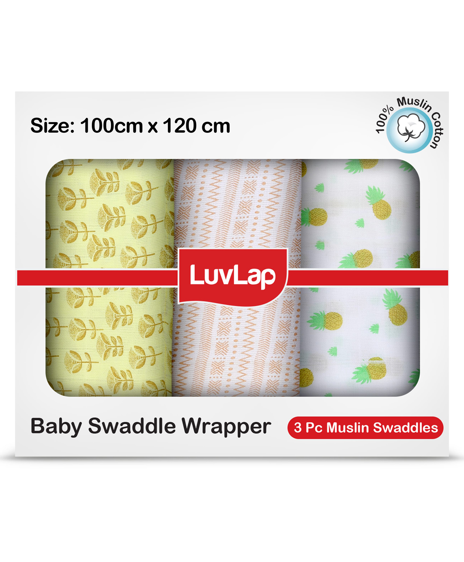 LuvLap 100% Cotton Muslin Baby Swaddles Pineapple Leaves Print Pack Of 3 - Multicolor-picture-33