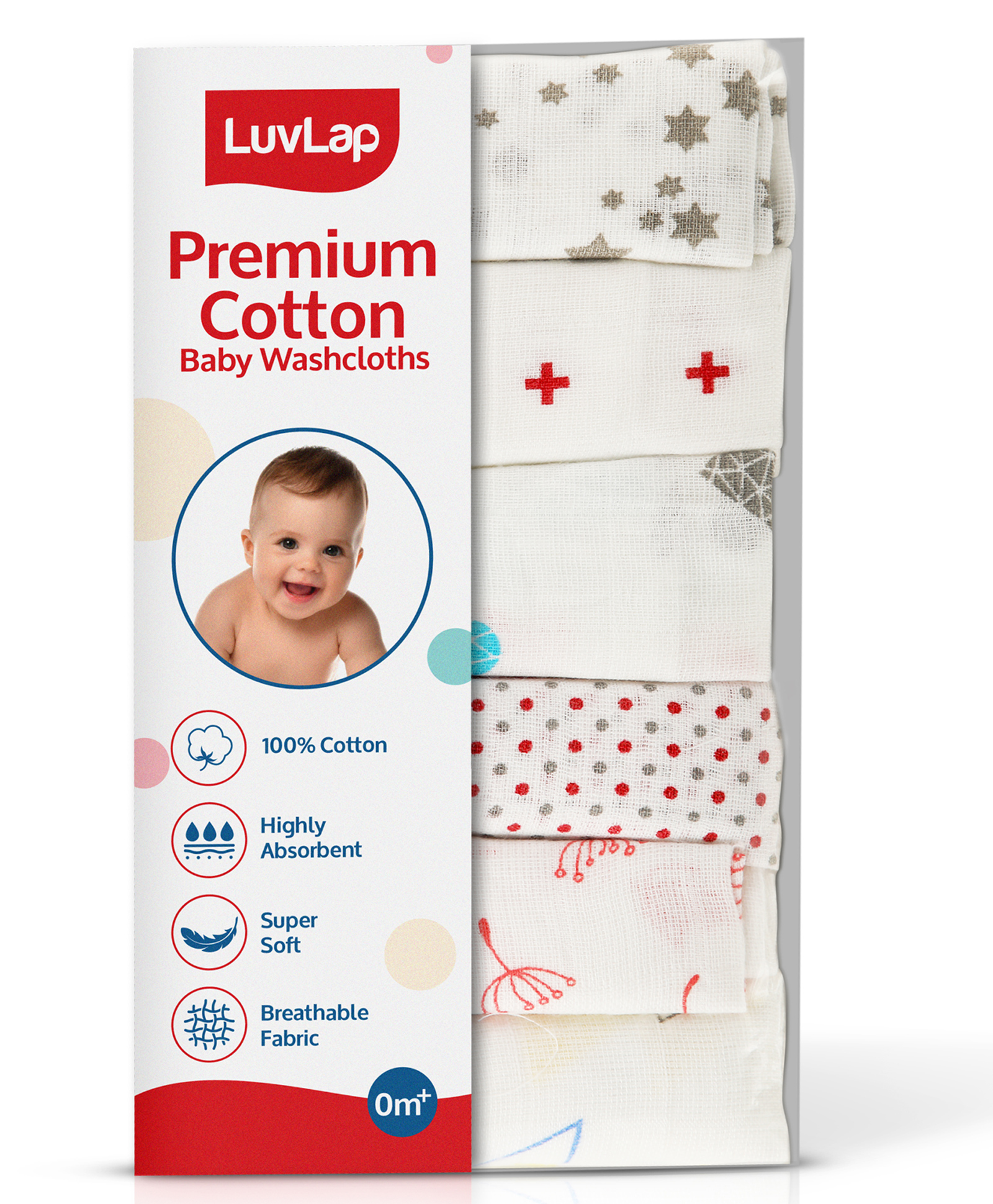 LuvLap 100% Premium Muslin Reusable Washcloth Pack of 6 - Multicolour