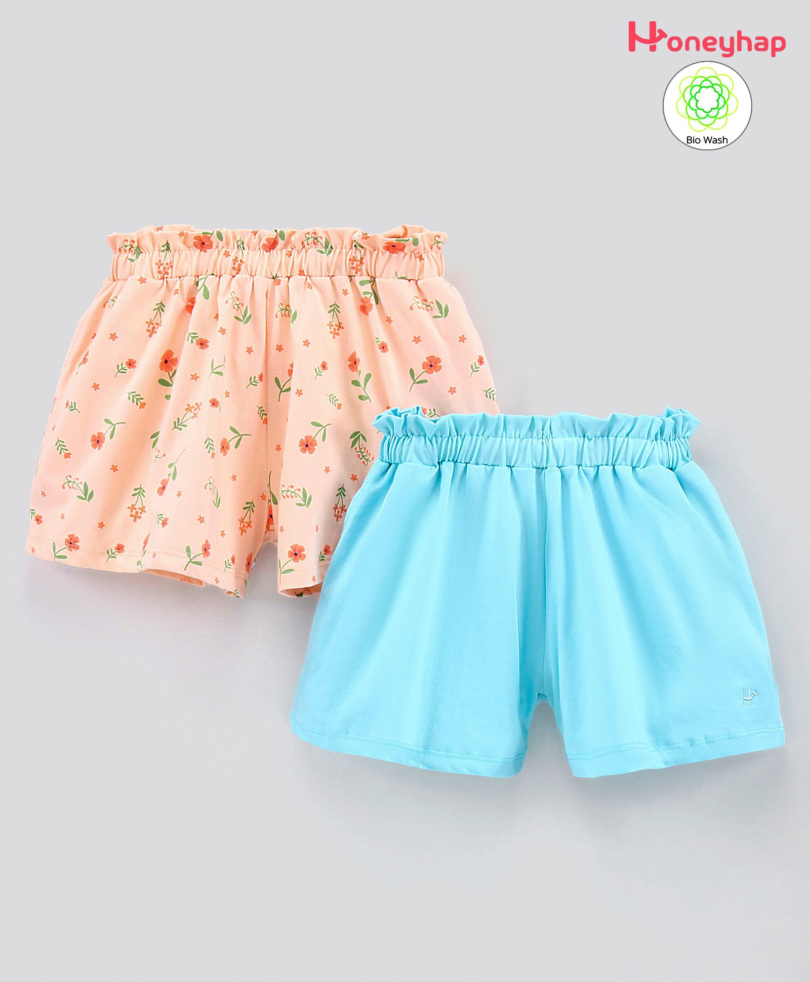 Honeyhap Premium 100% Cotton Biowash Shorts Floral Print Pack of 2 - Blue Pink-picture-18