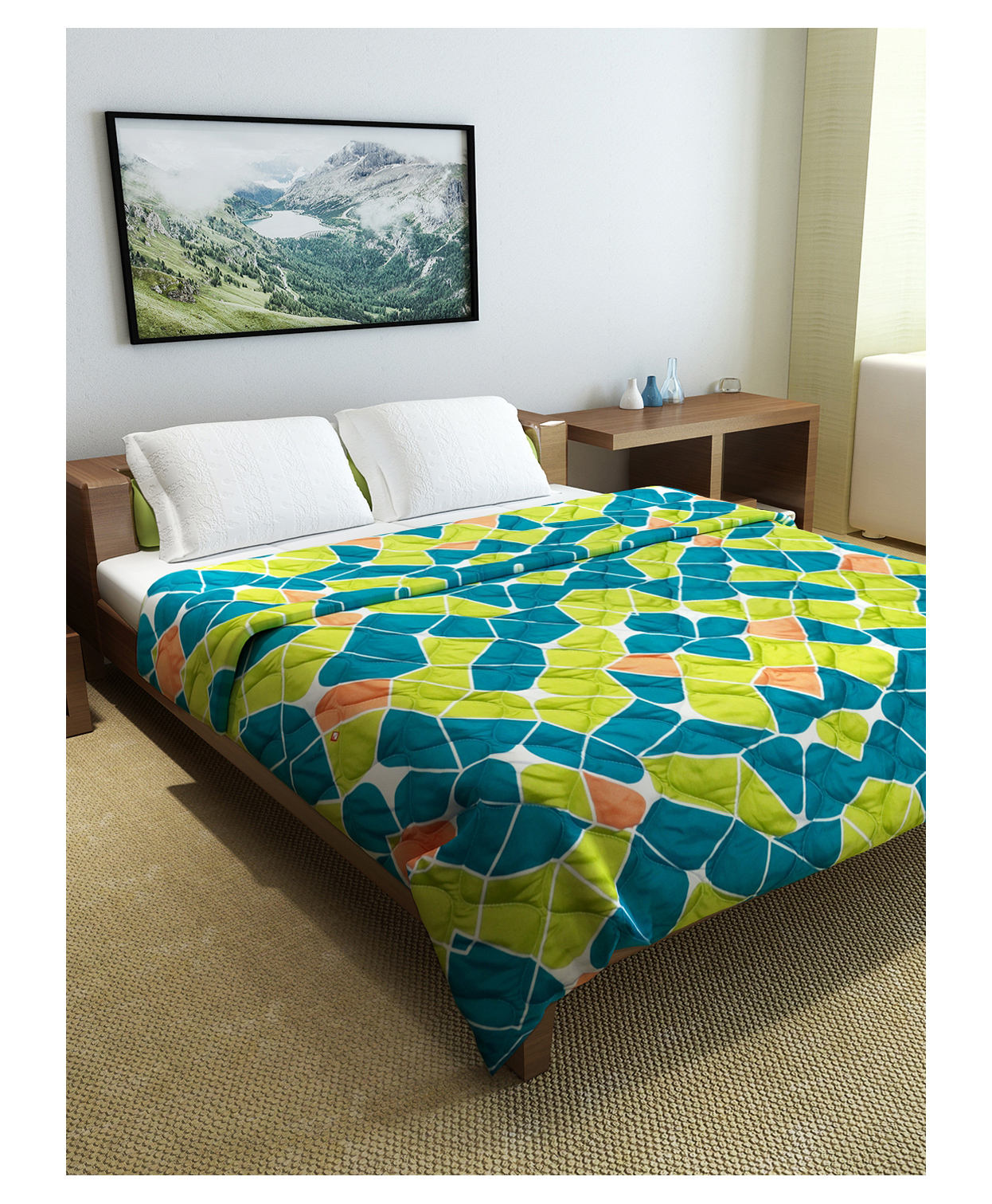 Divine Casa Microfiber All Weather 150 GSM Reversible Double Bed Quilt Comforter Blanket Geometric Print - Green and Orange-picture-13