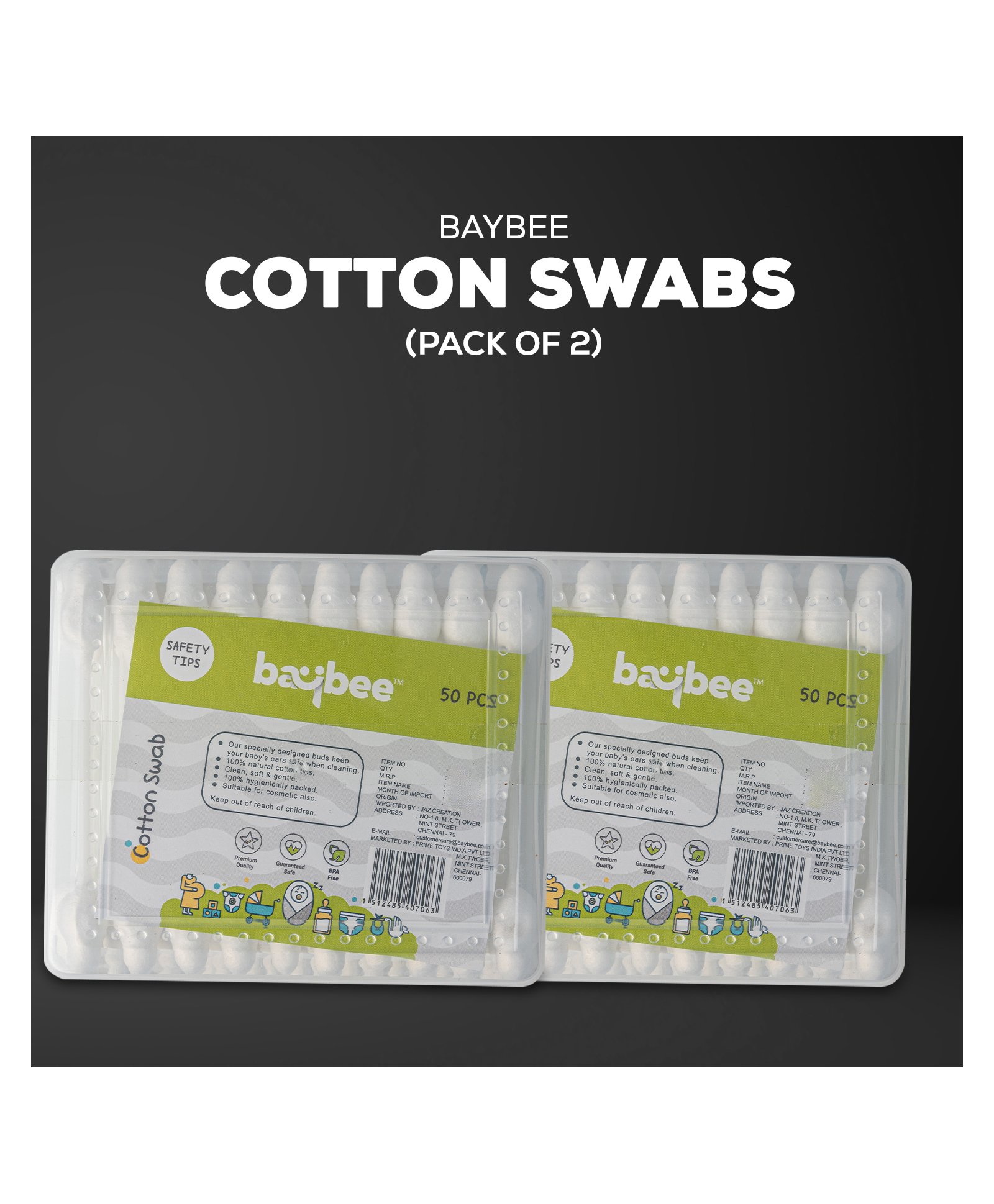 Baybee Premium Cotton Swab Ear Buds Cleaner with Ear Protection Pack of 2 - 100 Pieces-image-2