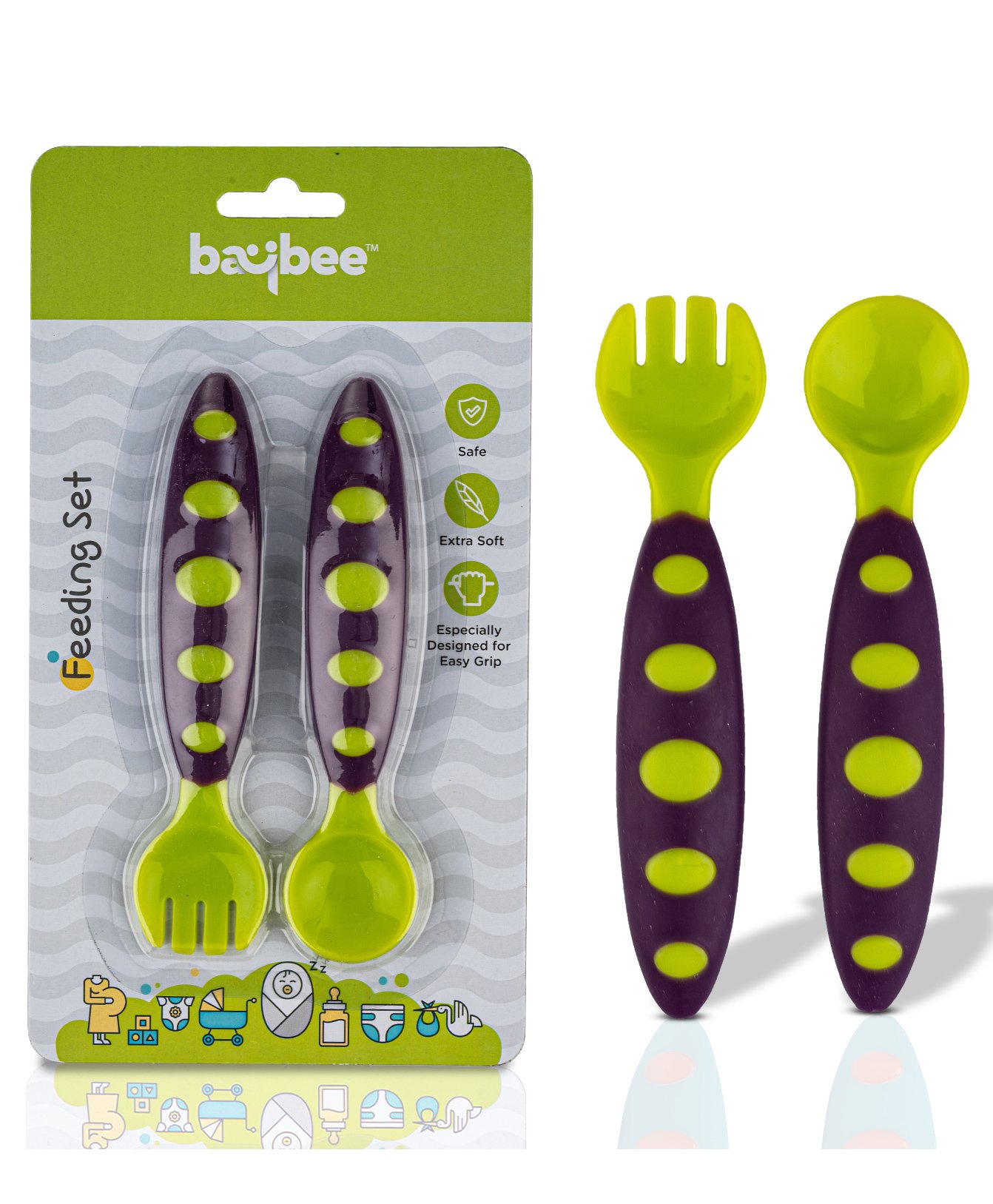 Baybee Heat Sensitive Soft Feeding Silicone Spoon And Fork Set - Green-picture-15