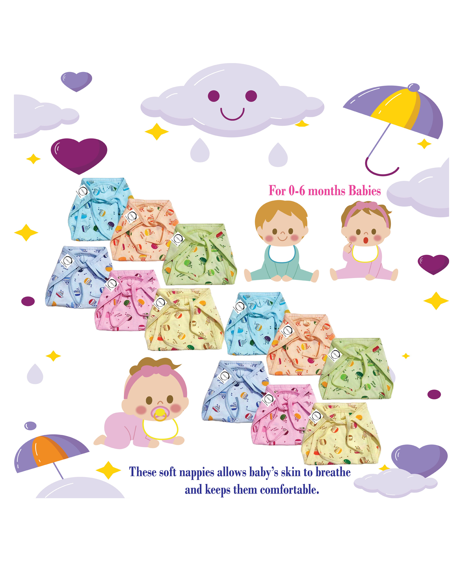 Chirsh Baby Nappies Cotton Cloth Diaper Pack Of 12 - Multicolor-image-49