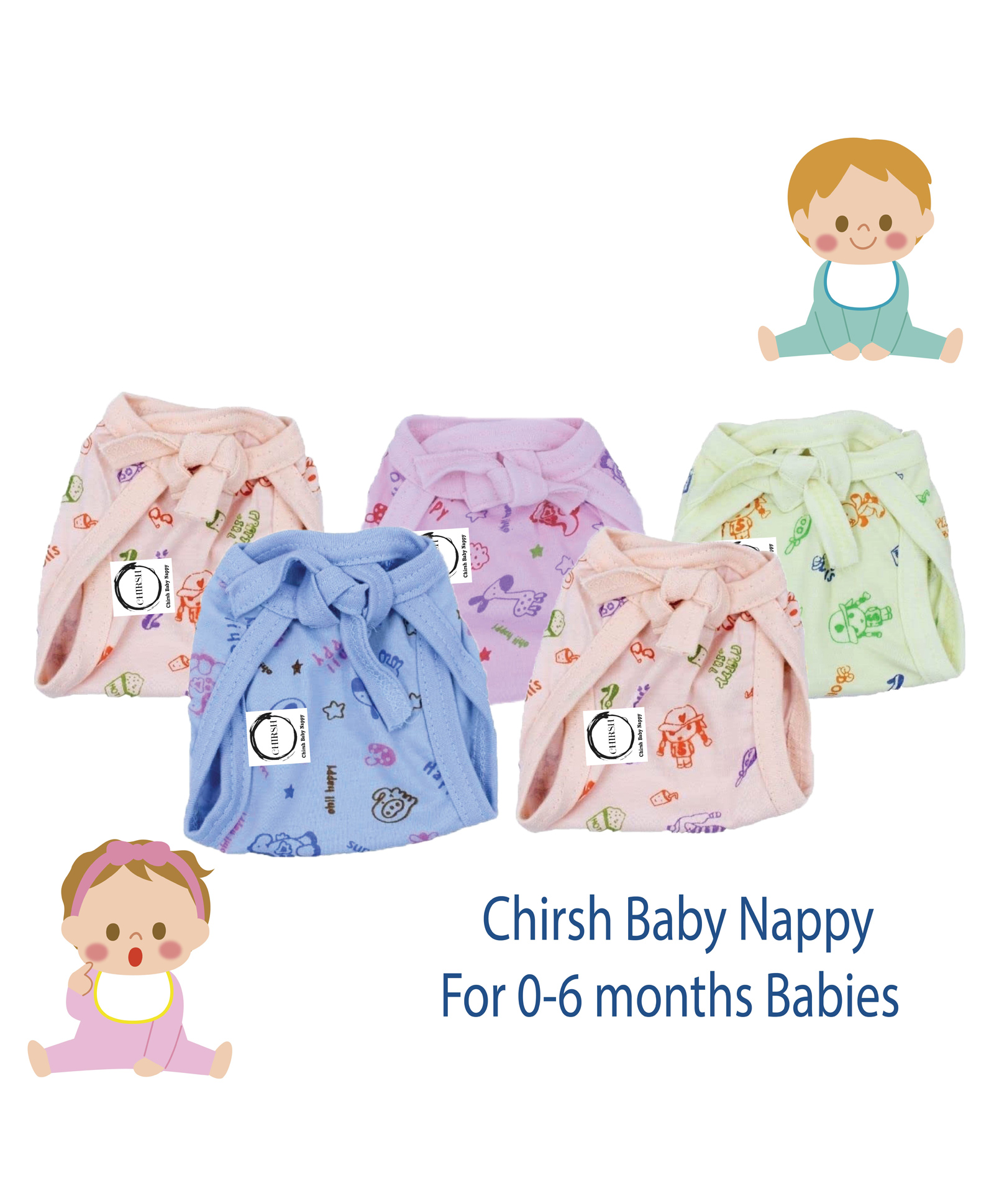 chrish Chirsh Baby Nappies Hosiery Cotton Cloth Diapers Doll Print Pack Of 5 - Multicolor-picture-26