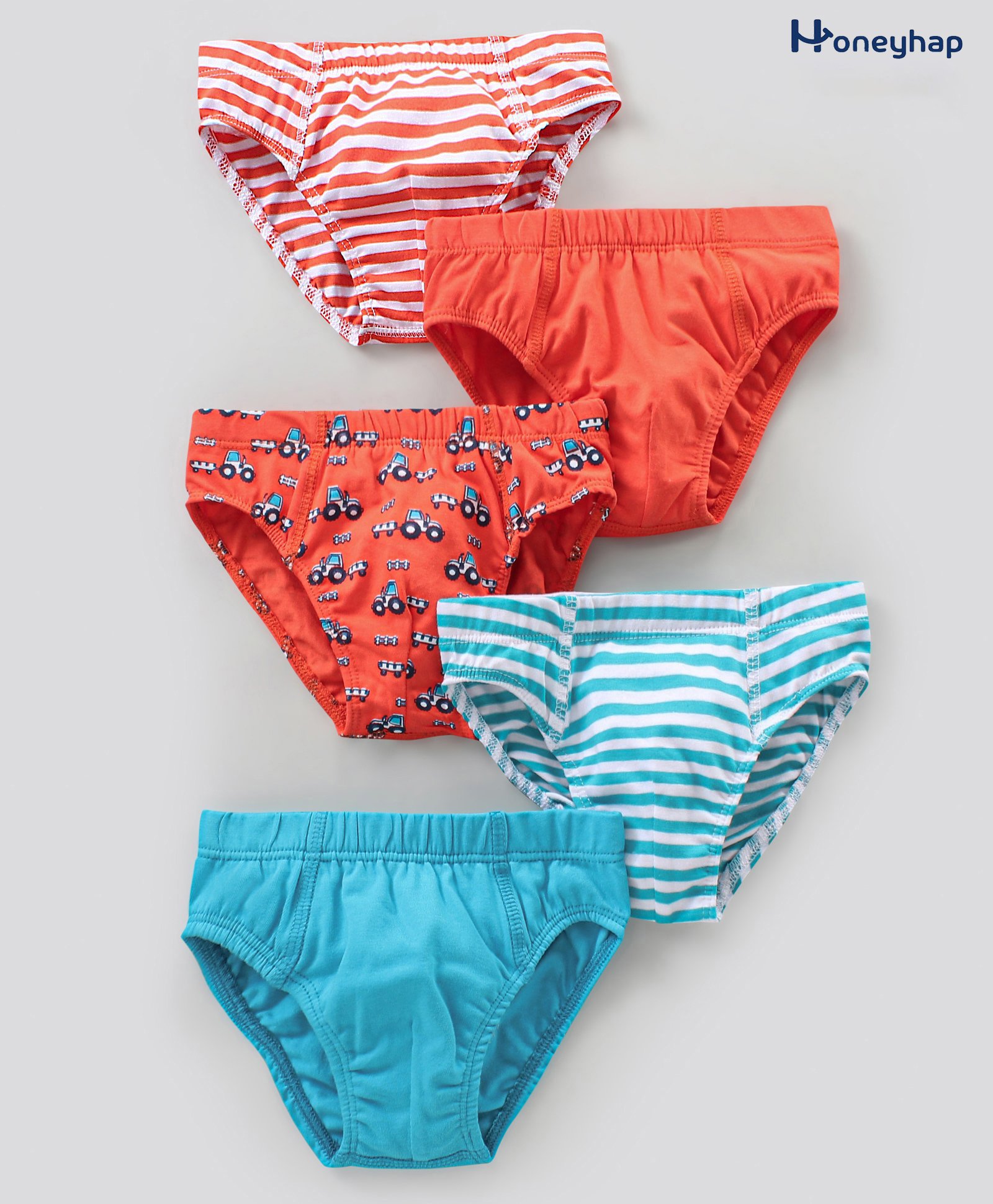 Honeyhap Premium Cotton Elastane Briefs With   Anti-Microbial  Finish Multi Print Pack of 5 - Orange Blue-image-34