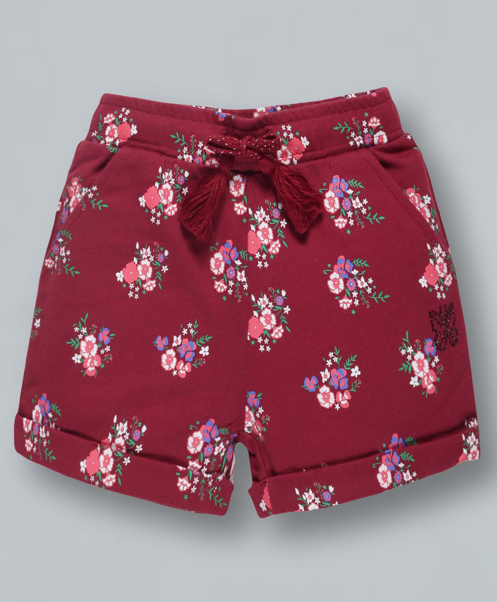 Plum Tree Knee Length Floral Printed Shorts- Burgundy-picture-19