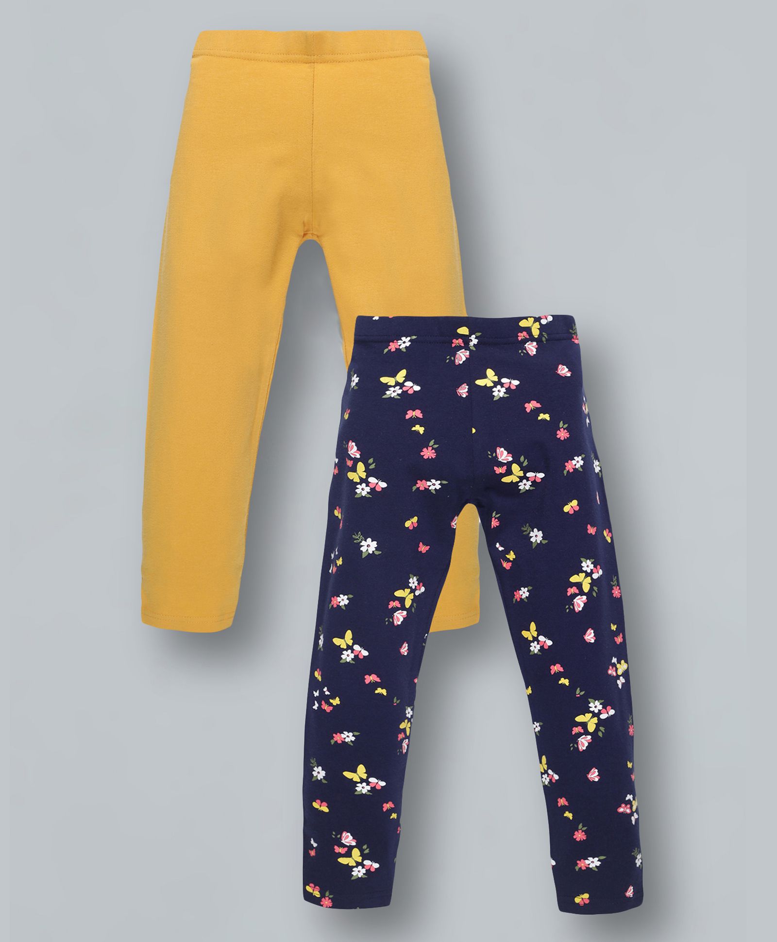 Plum Tree Full Length Butterfly & Floral Printed And Solid LeggingsPack Of 2 - Navy Yellow-picture-17