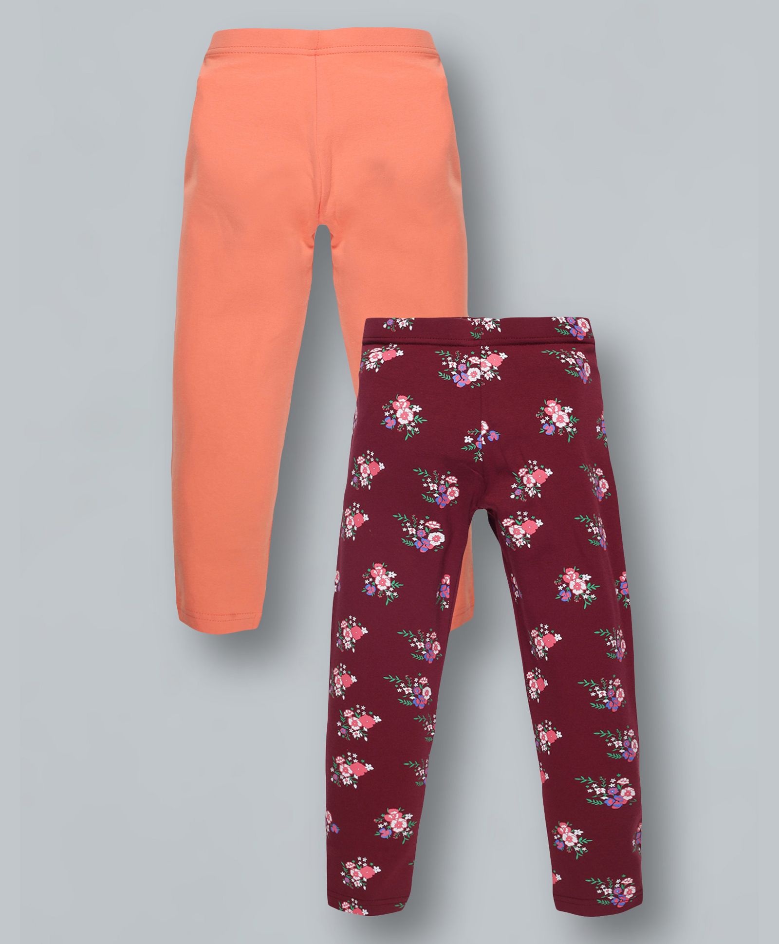Plum Tree  Floral Printed And Solid Leggings Pack Of Two - Burgundy Orange-image-28