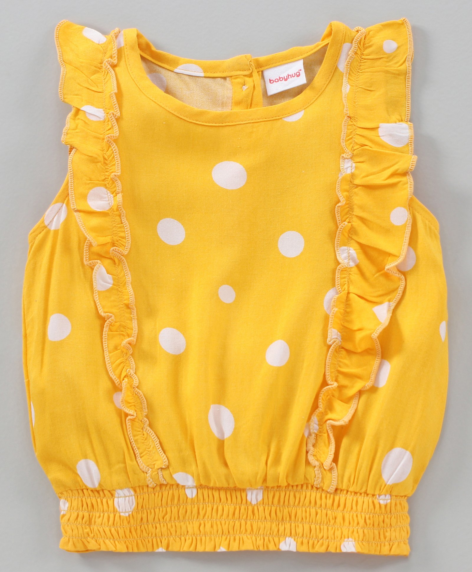 Babyhug Sleeveless Printed Rayon Top With Elasticated Hemline And Frill Detailing- Yellow-image-1