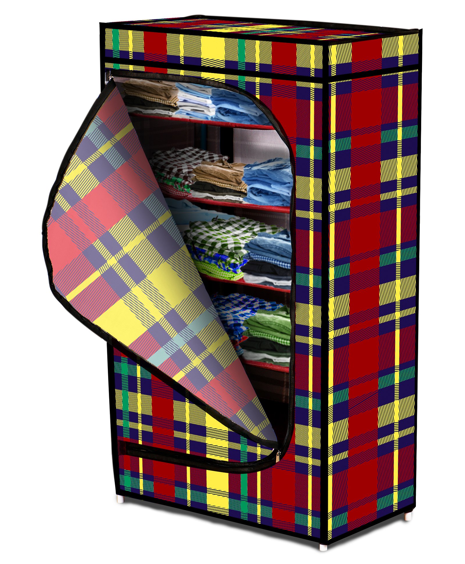 Fiddlerz Multipurpose 6 Shelves Collapsible Folding Wardrobe Plaided Print - Multicolor-picture-15