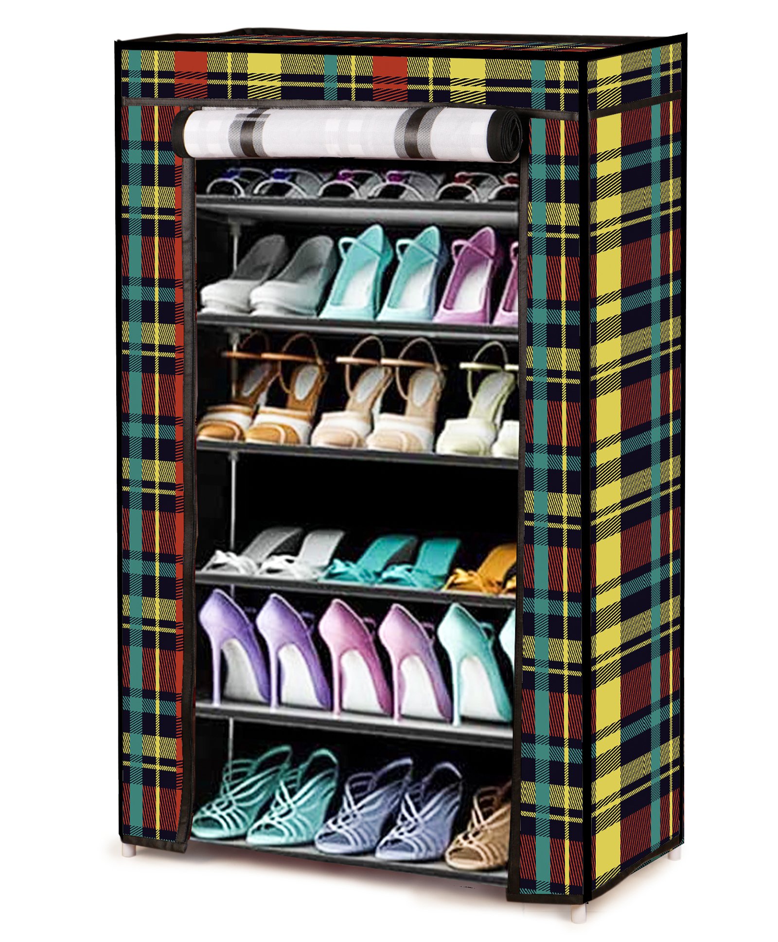 Fiddlerz Multipurpose Portable ShoeRack 6 Shelves Storage Organizer Collapsible Shoes Shelf Shoes Cabinet with Cover Easy Installation Stand for Shoes Non Woven Fabric Plaided - Multicolour-image-32