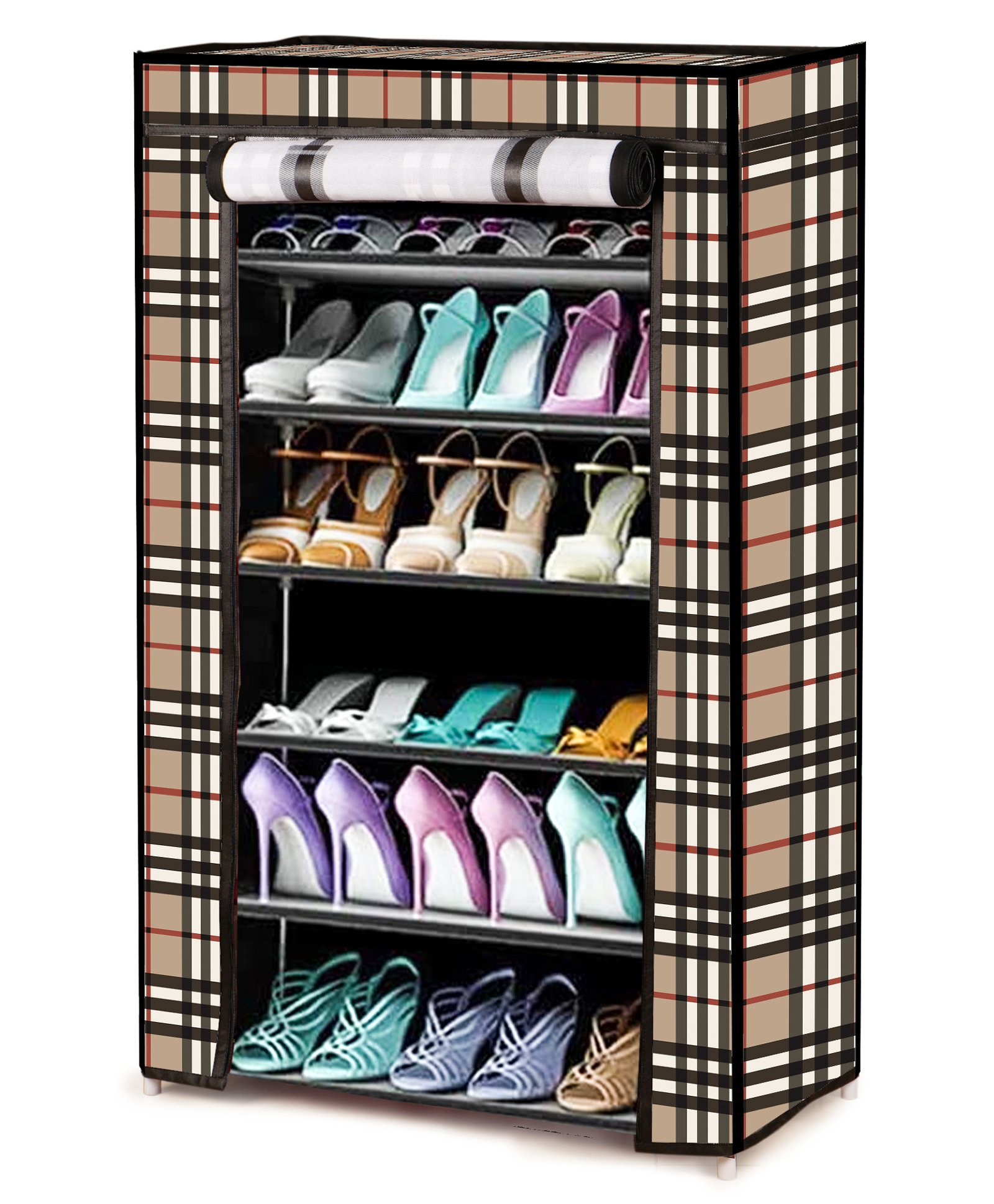Fiddlerz Checkered Pattern Multipurpose ShoeRack with 6 Shelves - Multicolour-image-38