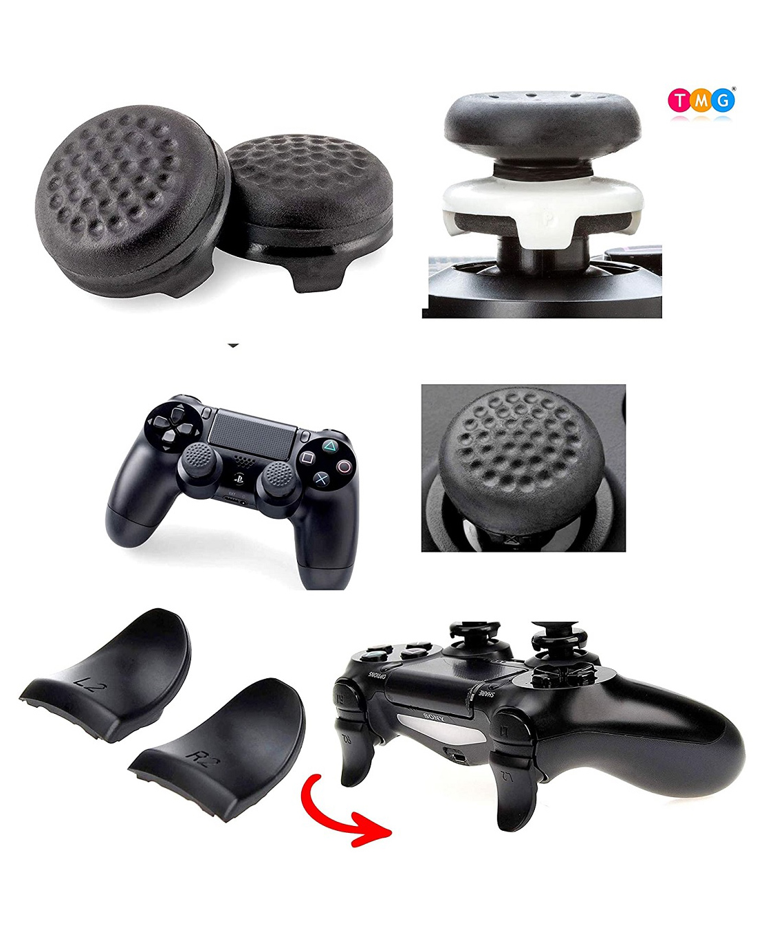 TMG Controller Analog FPS Extenders PS4 Thumbstick L2 R2 Trigger Extended Button Analog Thumb Grips for PS4 Controller - Black-image-47