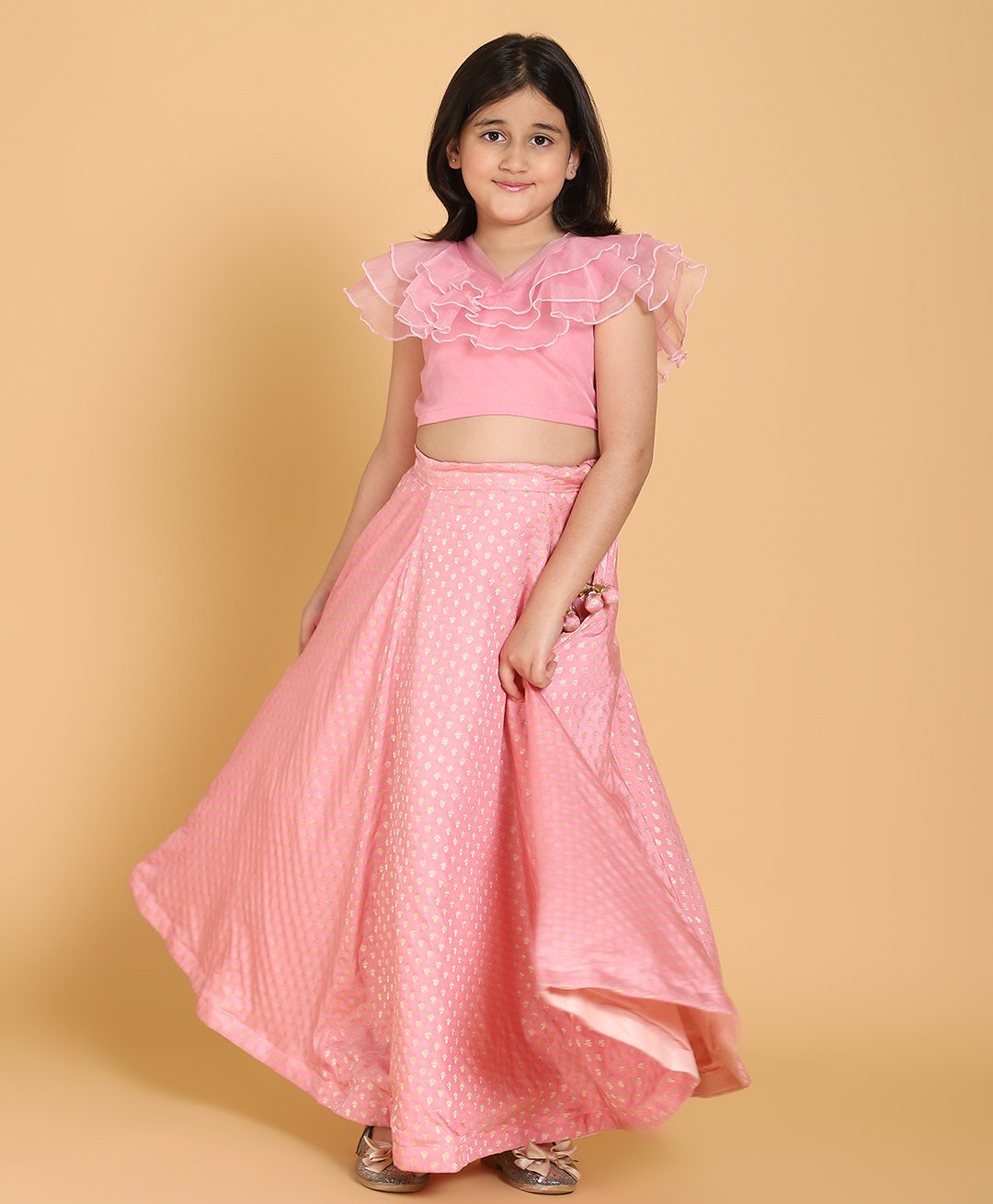 Piccolo Sleeveless Ruffle Detail Choli With Printed Lehenga - Pink-image-21