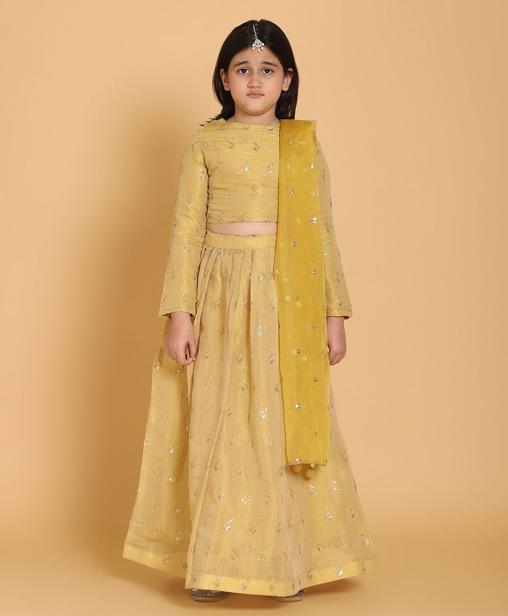 Piccolo Full Sleeves Leaves Embroidered Choli With Lehenga & Dupatta - Golden-picture-15