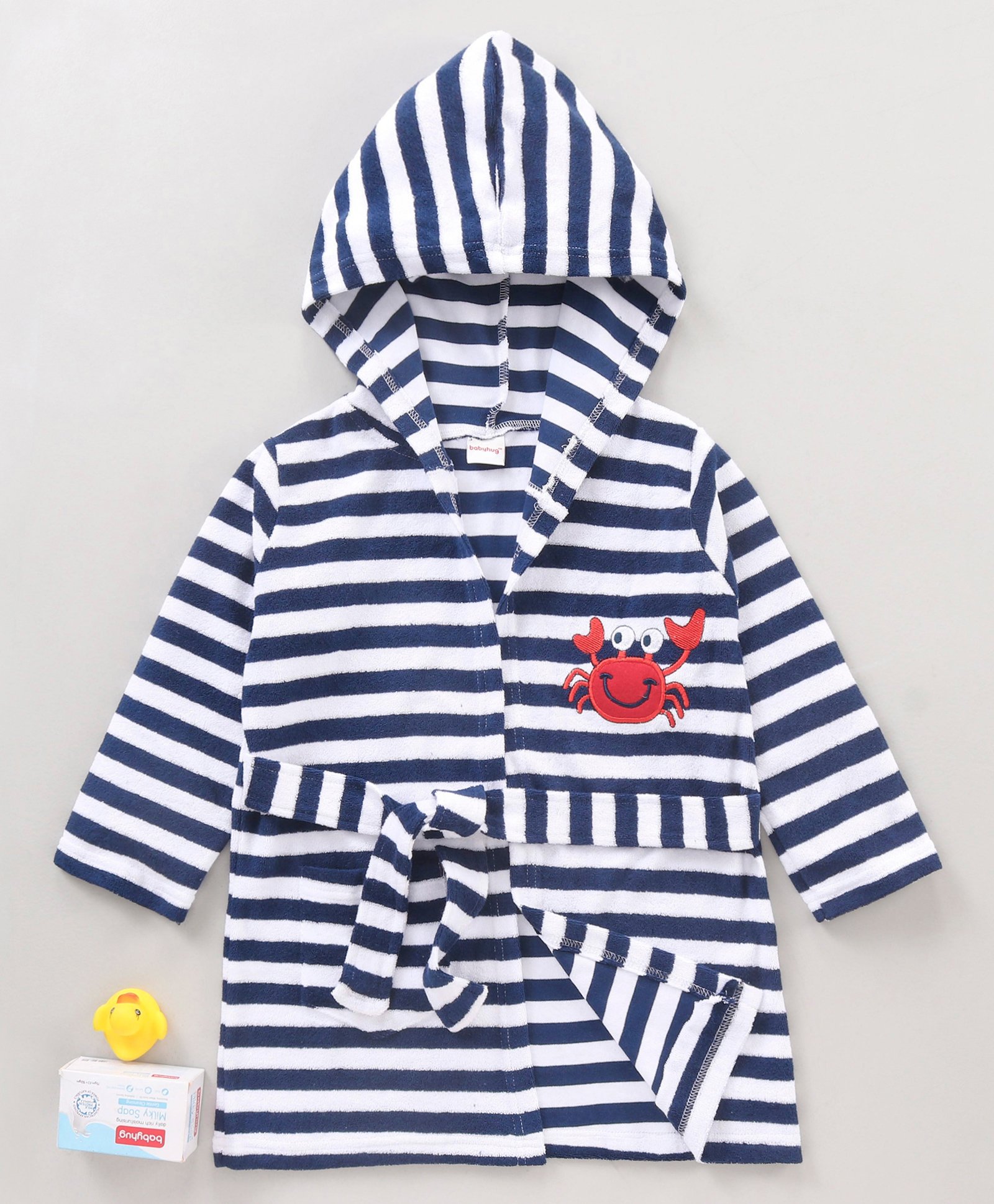 Babyhug Cotton Knit Hooded Bathrobe With Waist Belt Stripes - Blue-picture-21