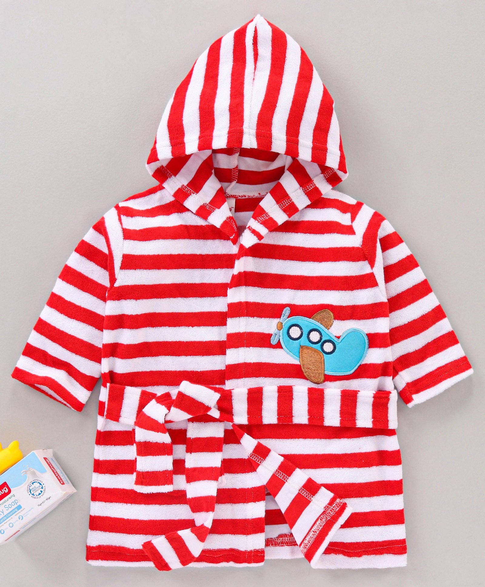 Babyhug Cotton Knit Hooded Bathrobe With Waist Belt Stripes - Red-image-11