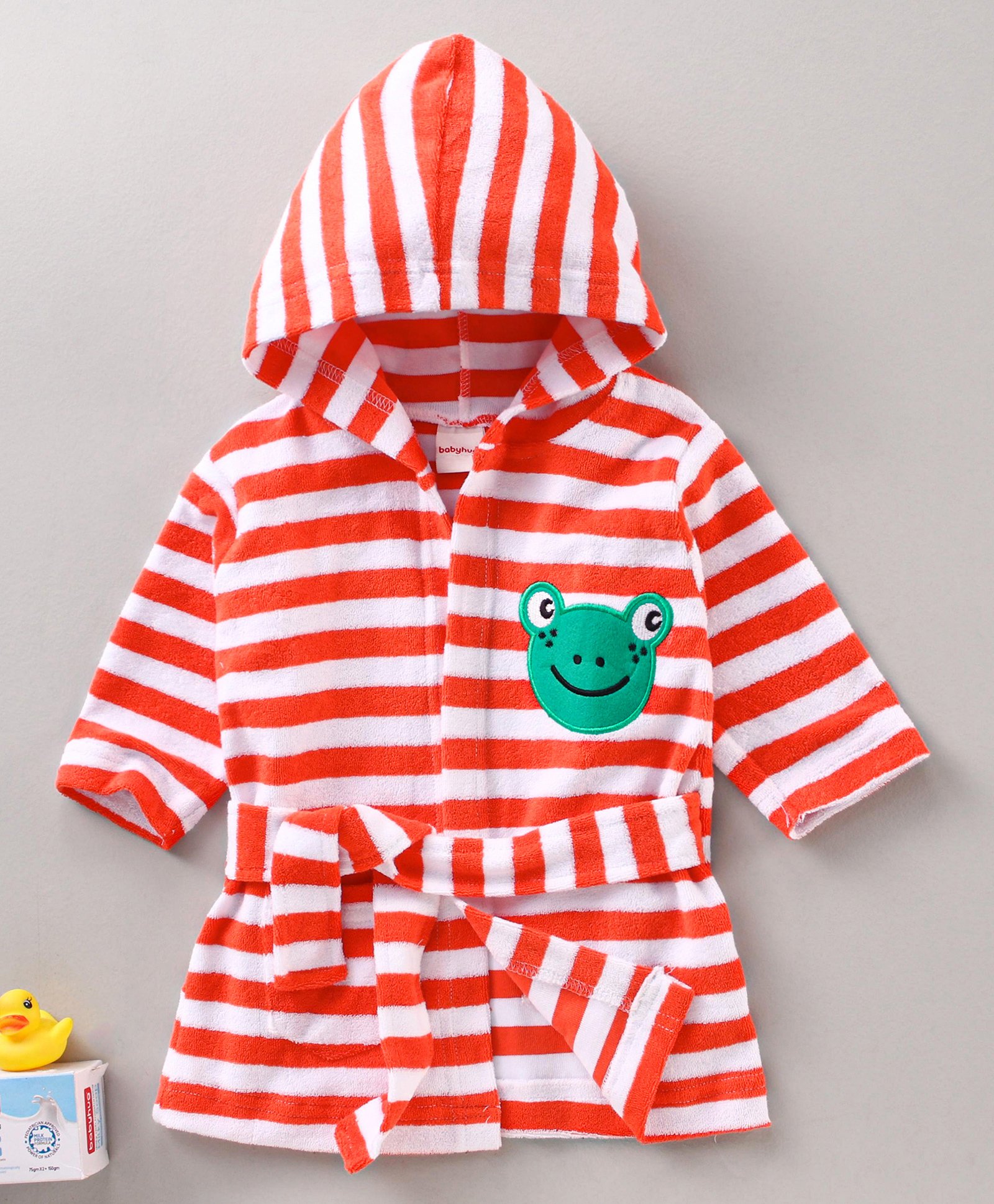 Babyhug Three Fourth Sleeves Hooded Bath Robe Striped and Embroidered - Orange-image-25