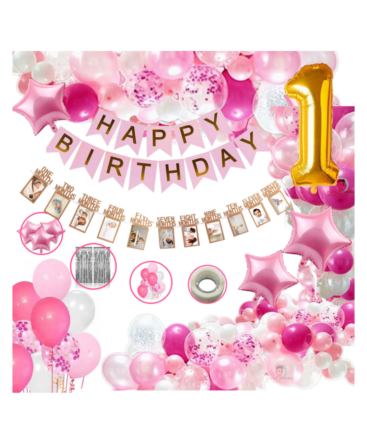 Bubble Trouble Girls Happy Birthday Balloon Banner Decoration Kit Combo Pink - Pack of 61-image-29