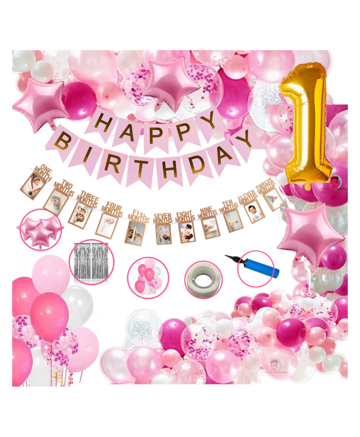 Bubble Trouble Girls Happy Birthday Balloon Banner Decoration Kit Combo Pink - Pack of 62-image-20