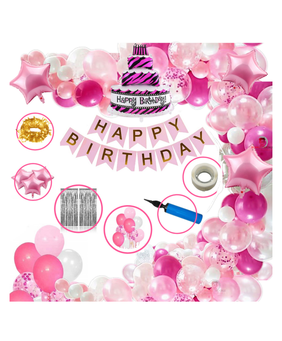 Bubble Trouble Girls Happy Birthday Balloon Banner Decoration Kit Combo Pink - Pack of 63-image-23