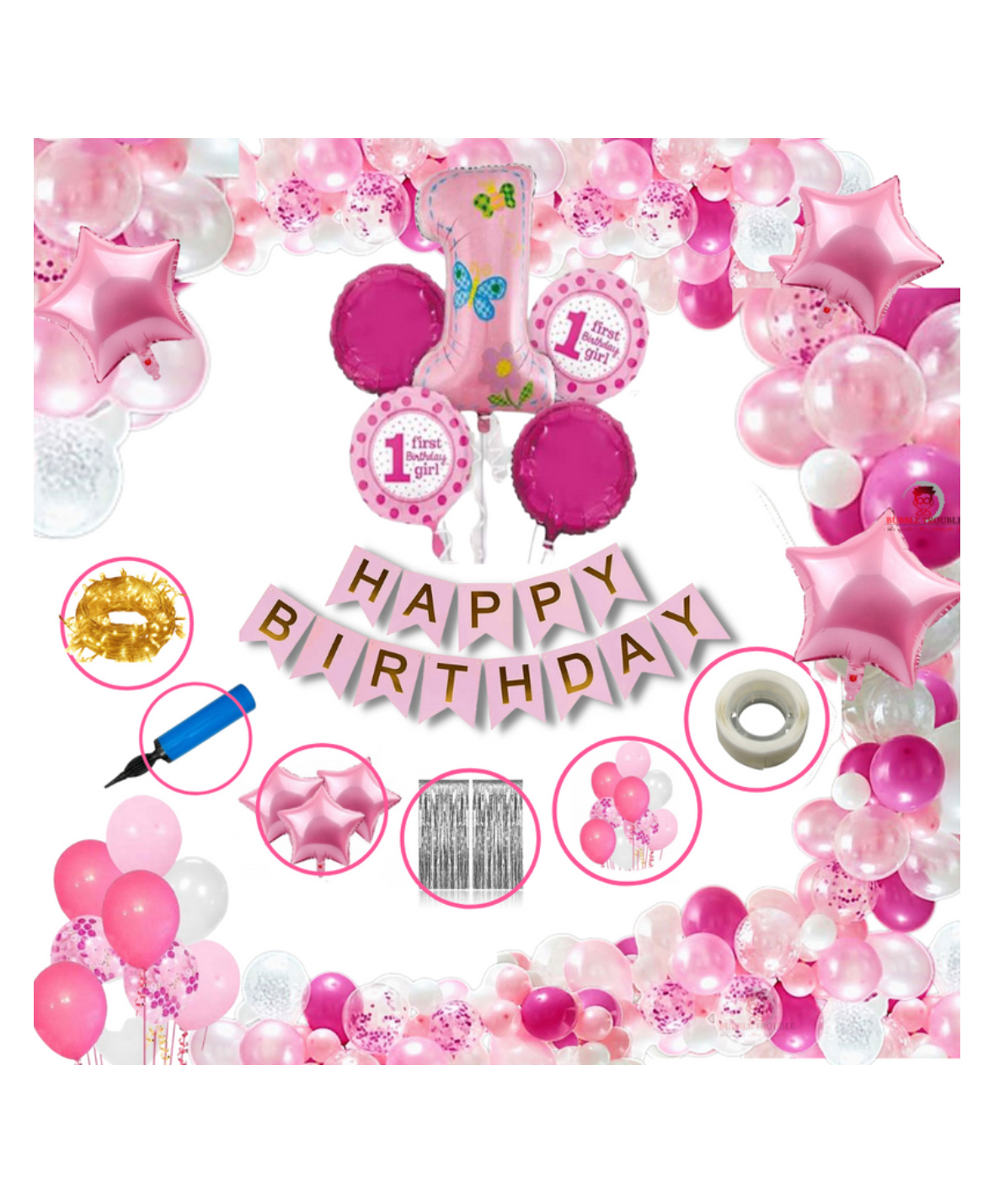 Bubble Trouble Girls Happy Birthday Balloon Banner Decoration Kit Combo  Pink - Pack of 63-image-24