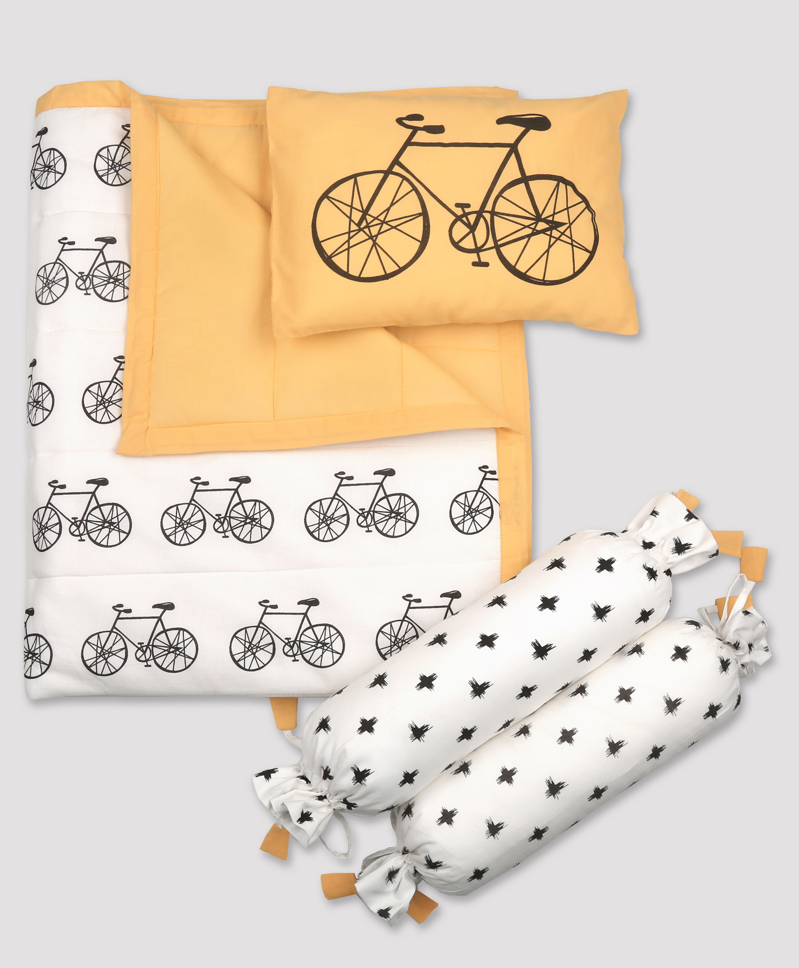 Oranges And Lemons Organic Cotton 3 Pieces Cot Bedding Set With Quilt Lets Go Cycling Print - Yellow-image-42