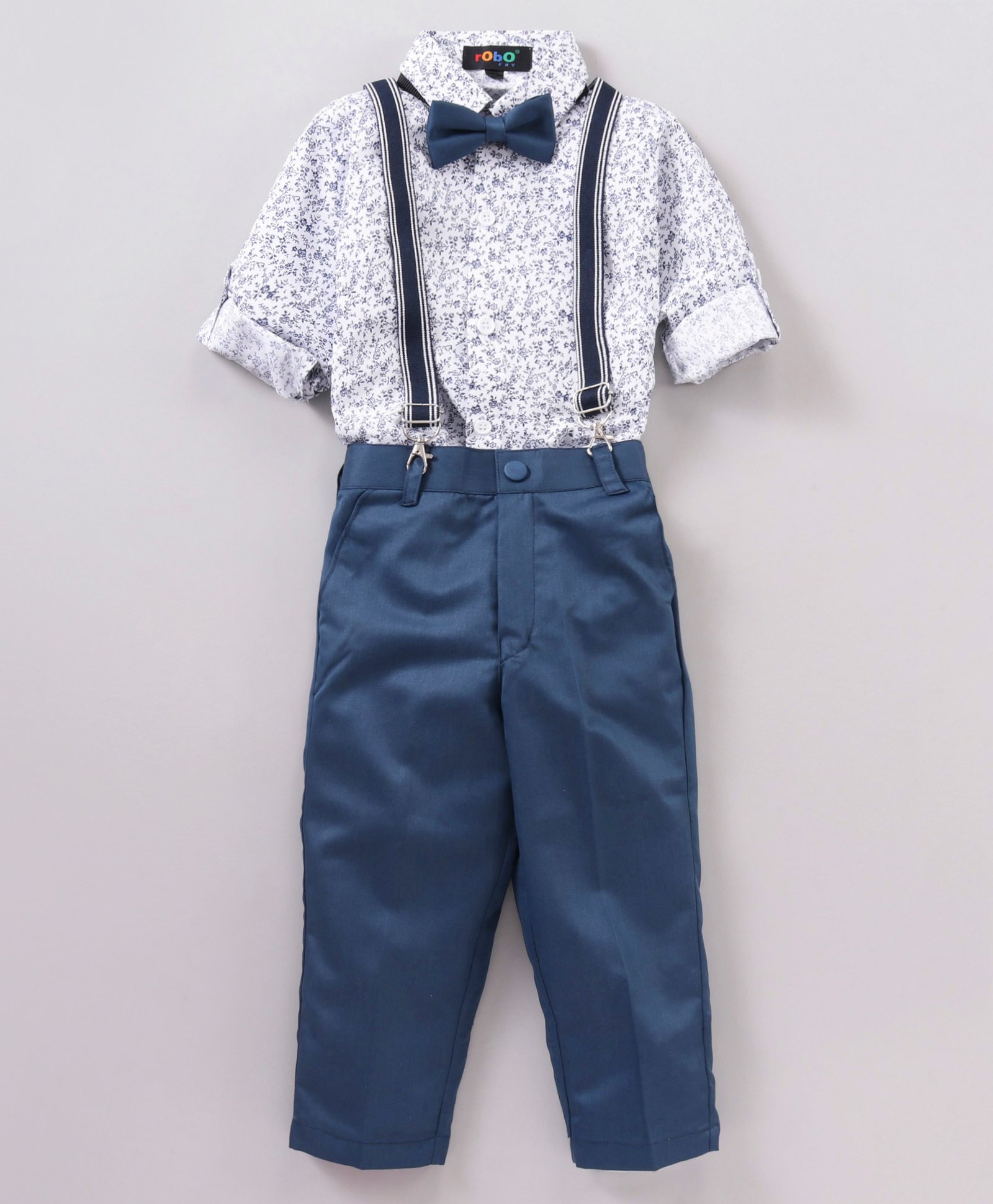 Robo Fry Full Sleeves Shirt & Trouser With Bow & Suspenders Floral Print - Blue White-image-6