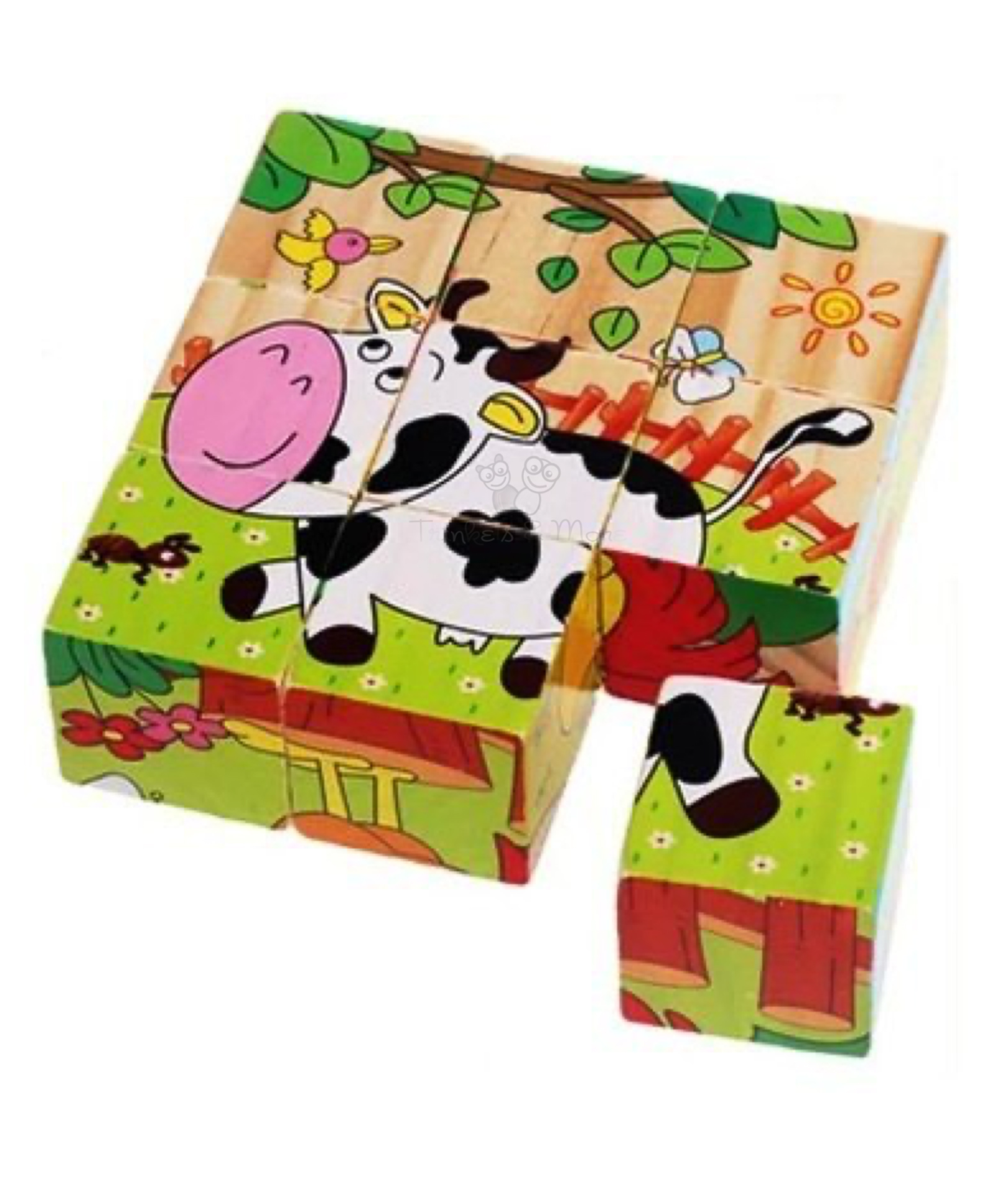Trinkets & More Farm Animals Theme 3D Jigsaw Puzzle Wooden Cube Block 6 Face 9 Pieces with Storage Tray-picture-15