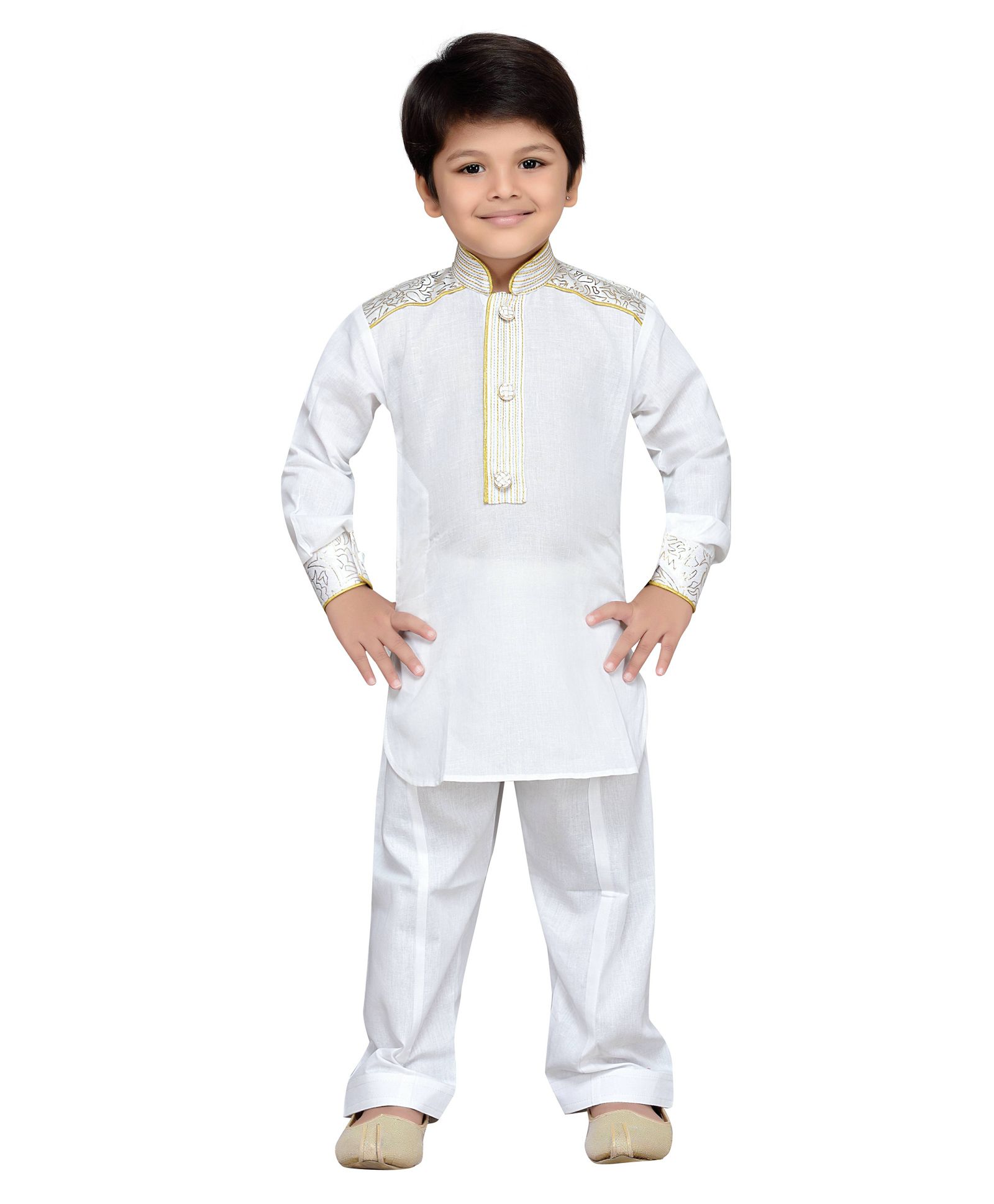 AJ Dezines Full Sleeves Solid Colour Pathani Kurta With Pajama - White-picture-38