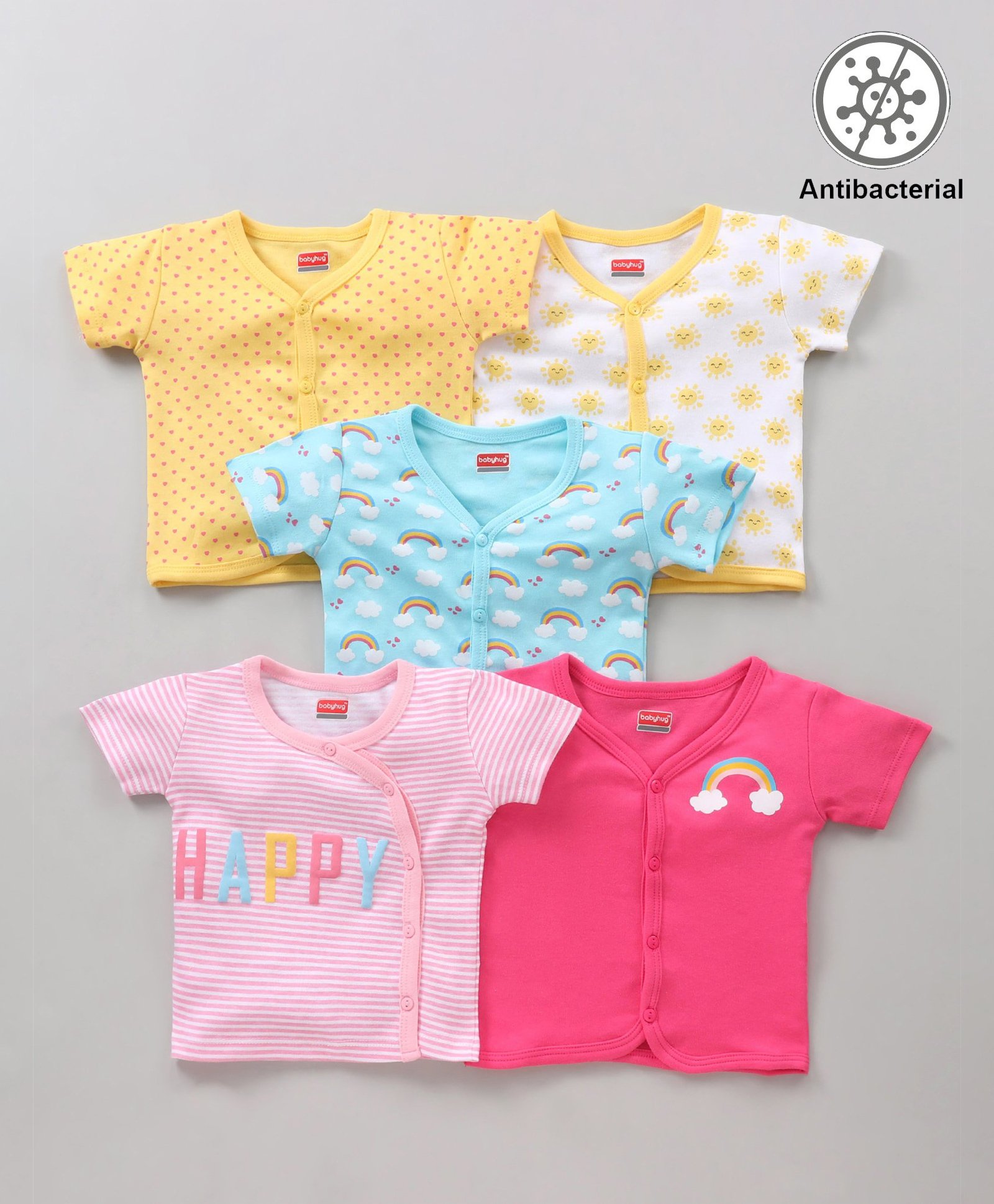 Babyhug 100% Cotton Antibacterial Half Sleeves Vests Rainbow Print Pack of 5 - Pink Blue Yellow White-image-46