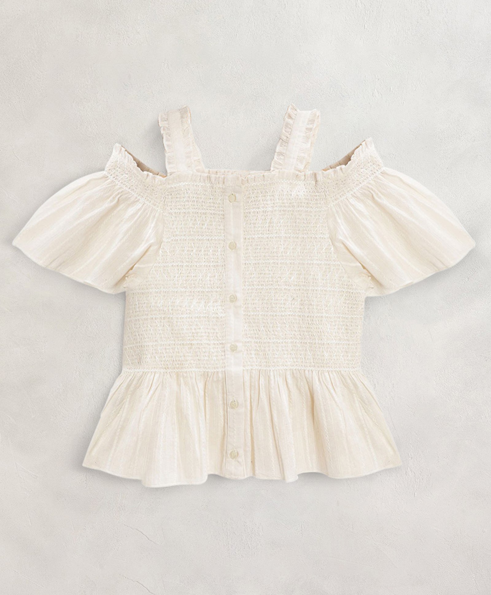 Cherry Crumble by Nitt Hyman Half Sleeves Smocked Cold Shoulder Top - Cream-picture-26