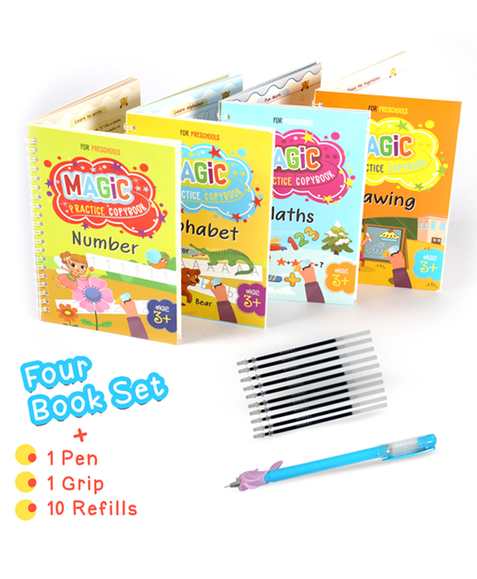 Grips and Refills for Groove Tracing Magic Practice Copybook for Kids Plus Star Reward Stickers 4 English Reusable Book Set for Handwriting Practice with Magic Ink Writing Pens 