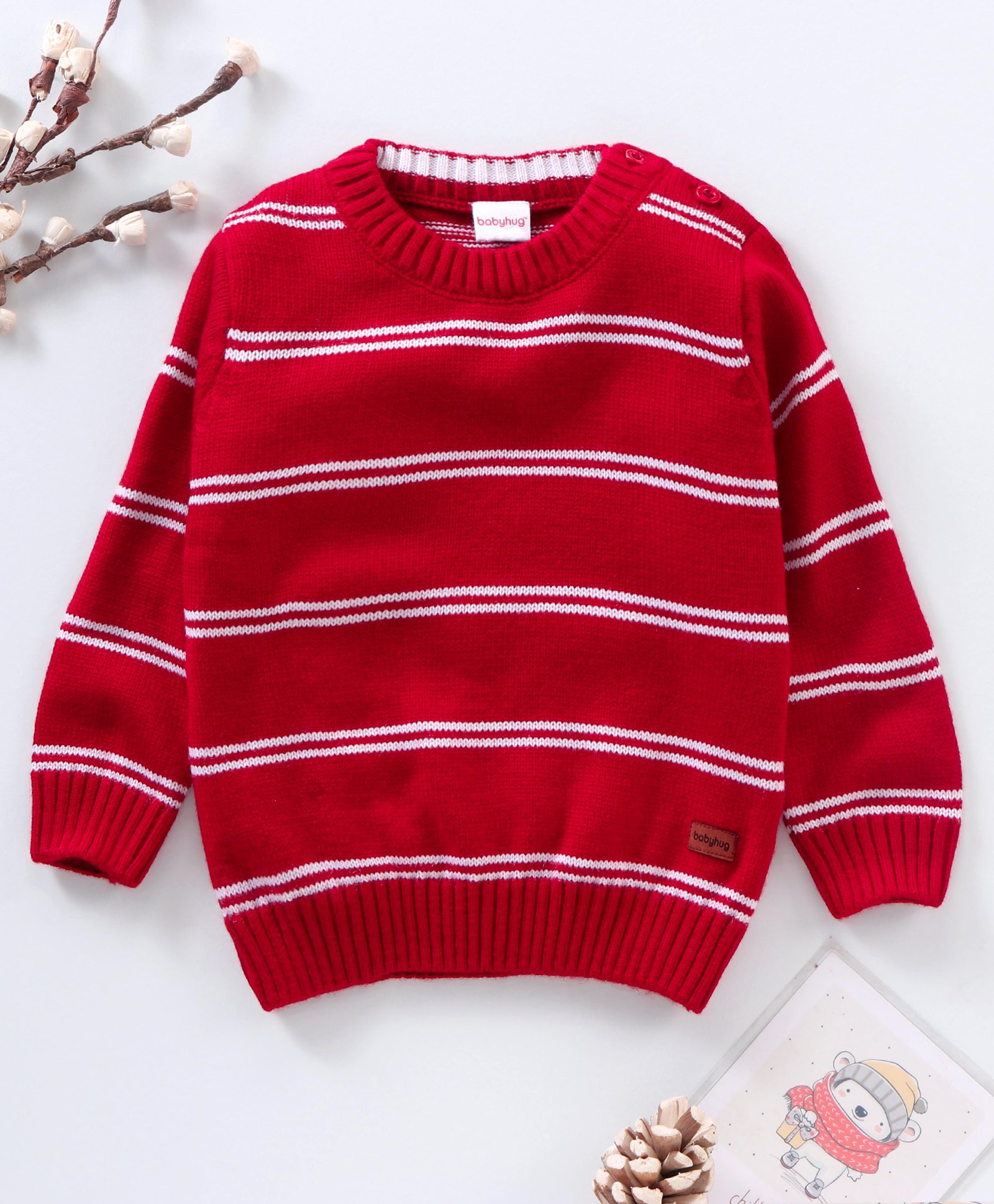 Babyhug Full Sleeves Knit Striped Pullover - Red-image-10