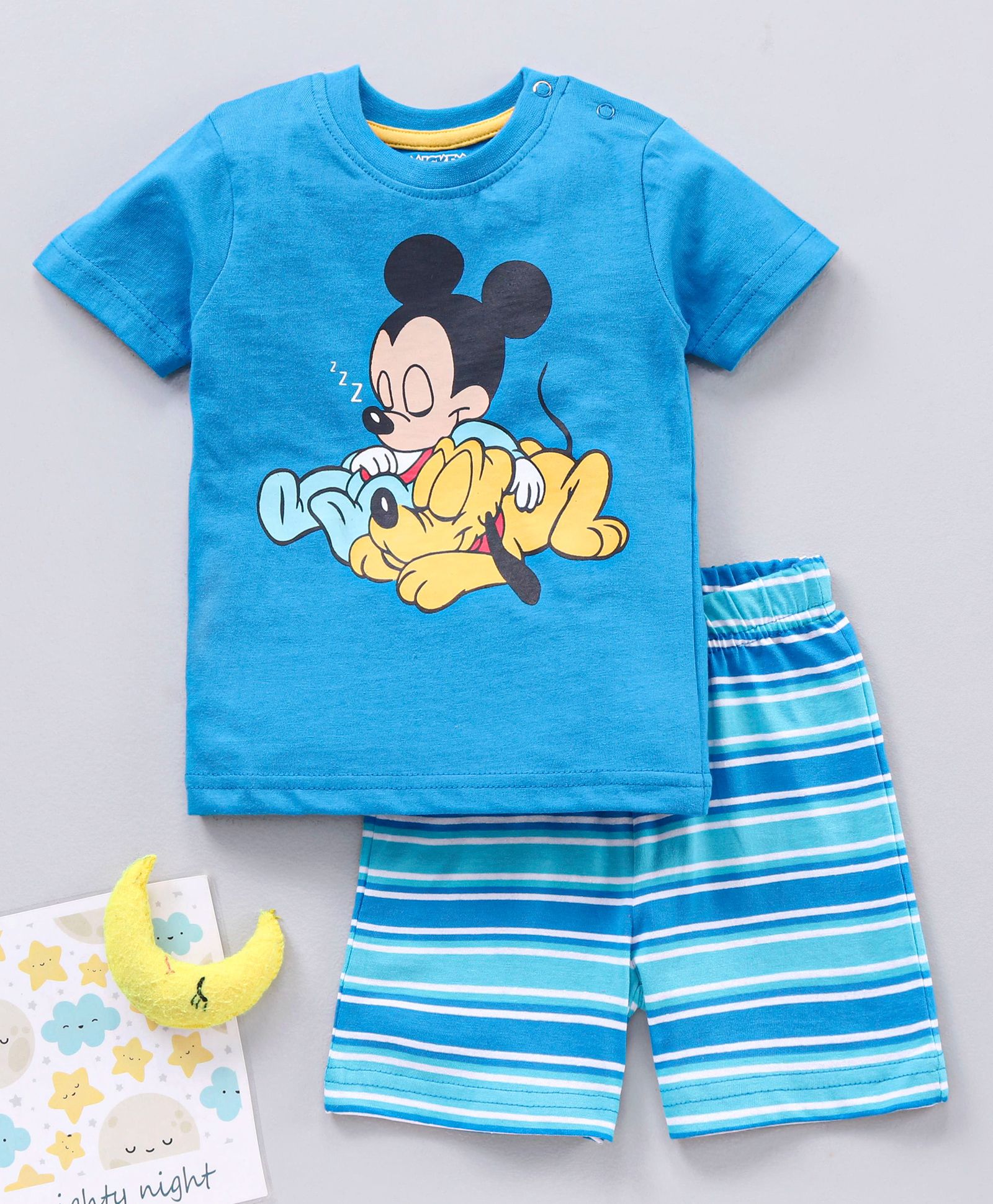 Babyhug Half Sleeves T Shirt with Shorts Mickey Mouse Print - Blue-image-3
