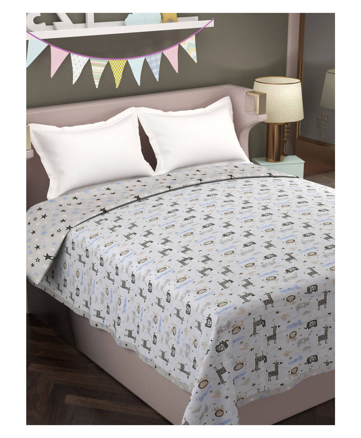 Florida Cotton Double Bed All Season Reversible AC Dohar Star & Animal Print - Light Grey-image-44