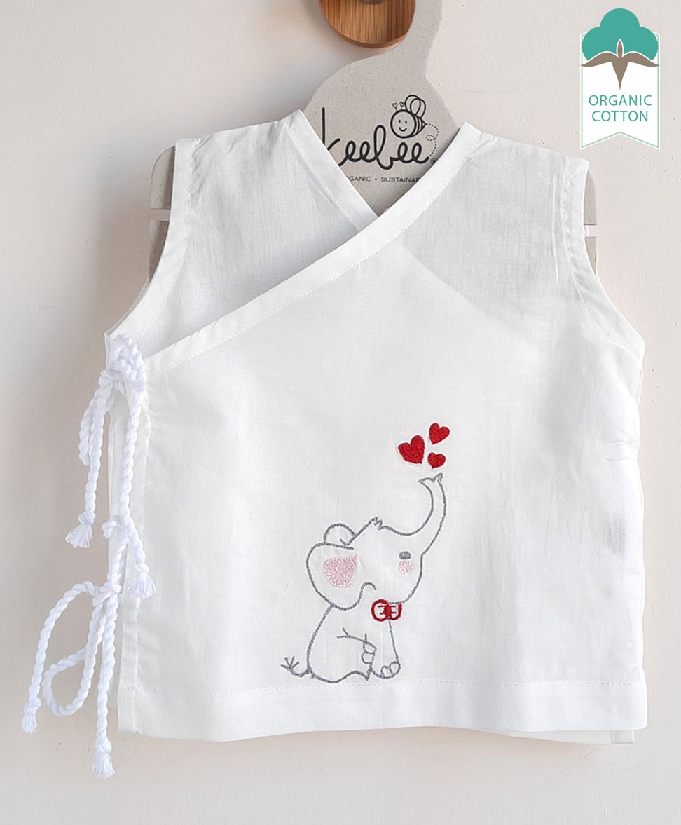 Keebee Organics Sleeveless Elephant Embroidered Organic Cotton Vest - White-image-1